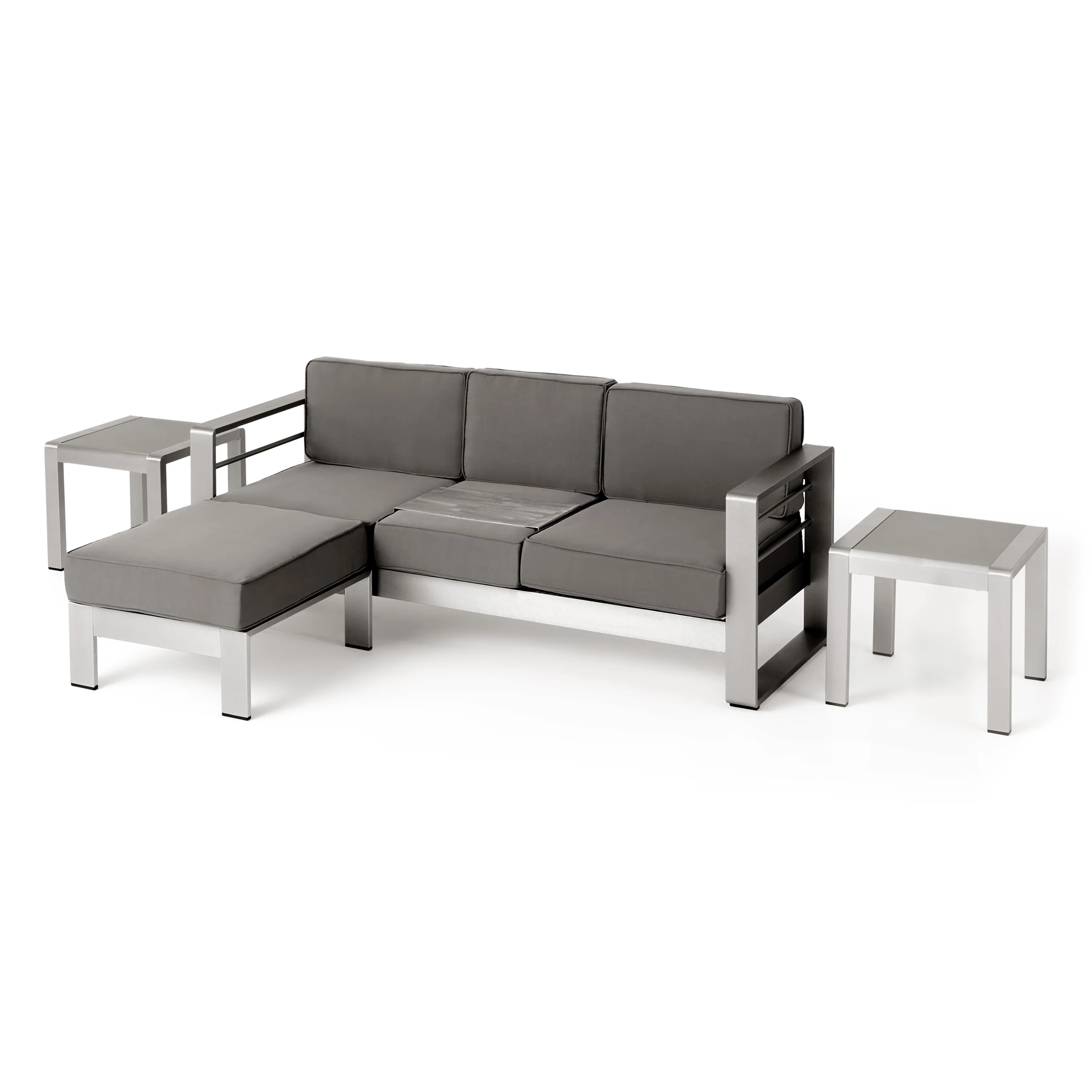 Stacy Outdoor 3 Seater Aluminum Sofa and Ottoman Set with Side Tables - furnishings