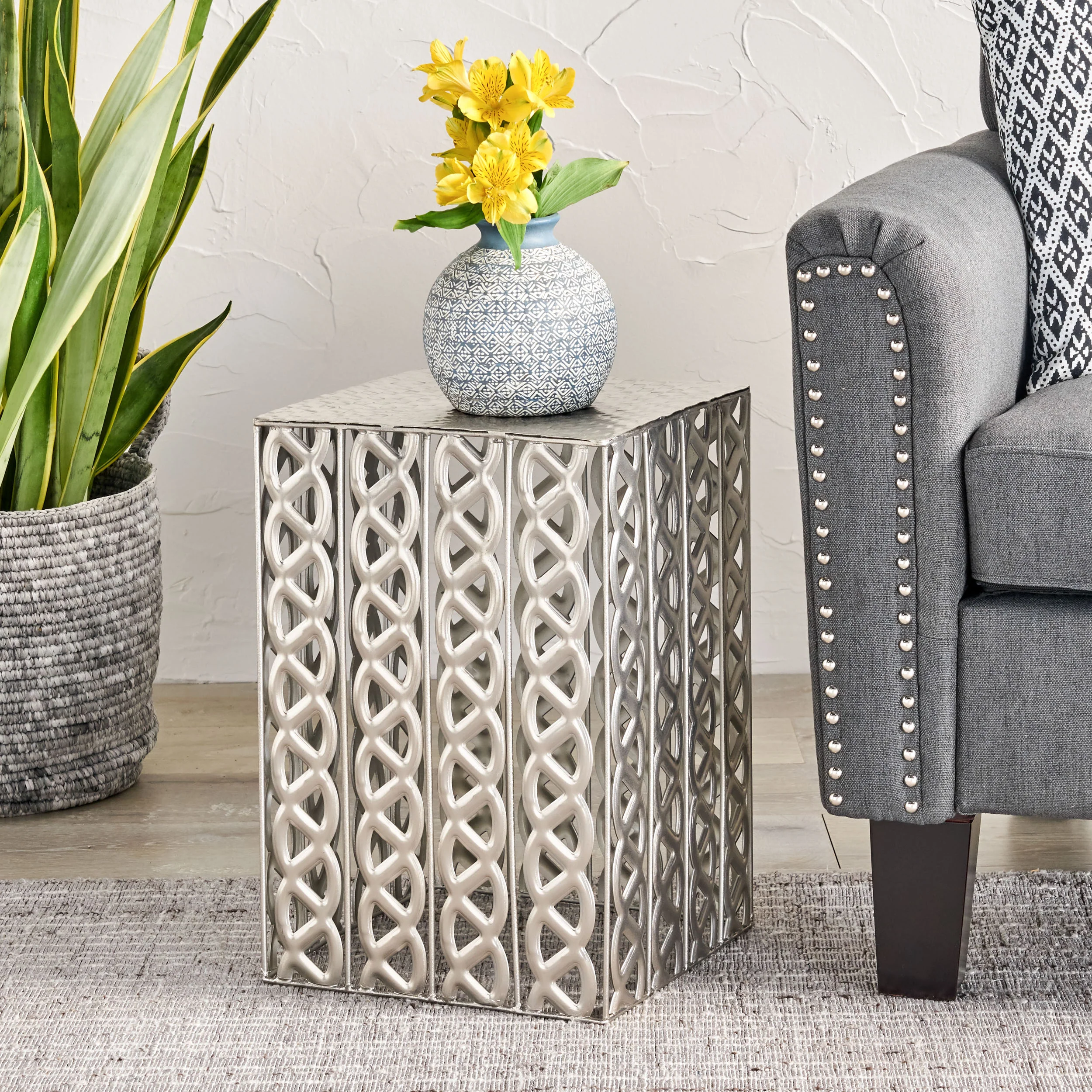 Valen Modern Square Iron Accent Table, Nickel Antique - furnishings