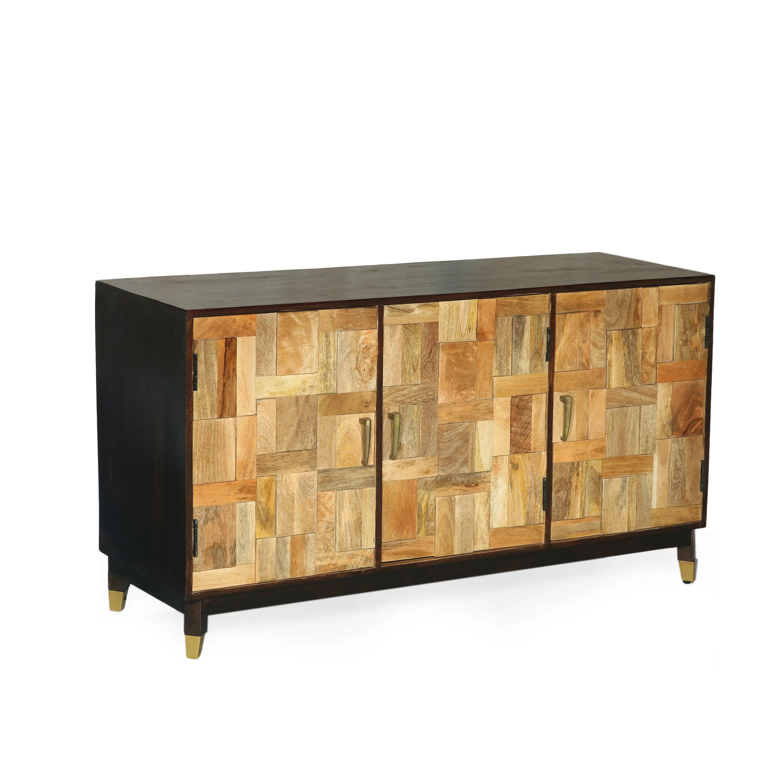 Graniss Boho Handmade Mango Wood 3 Door Sideboard, Walnut and Natural - furnishings