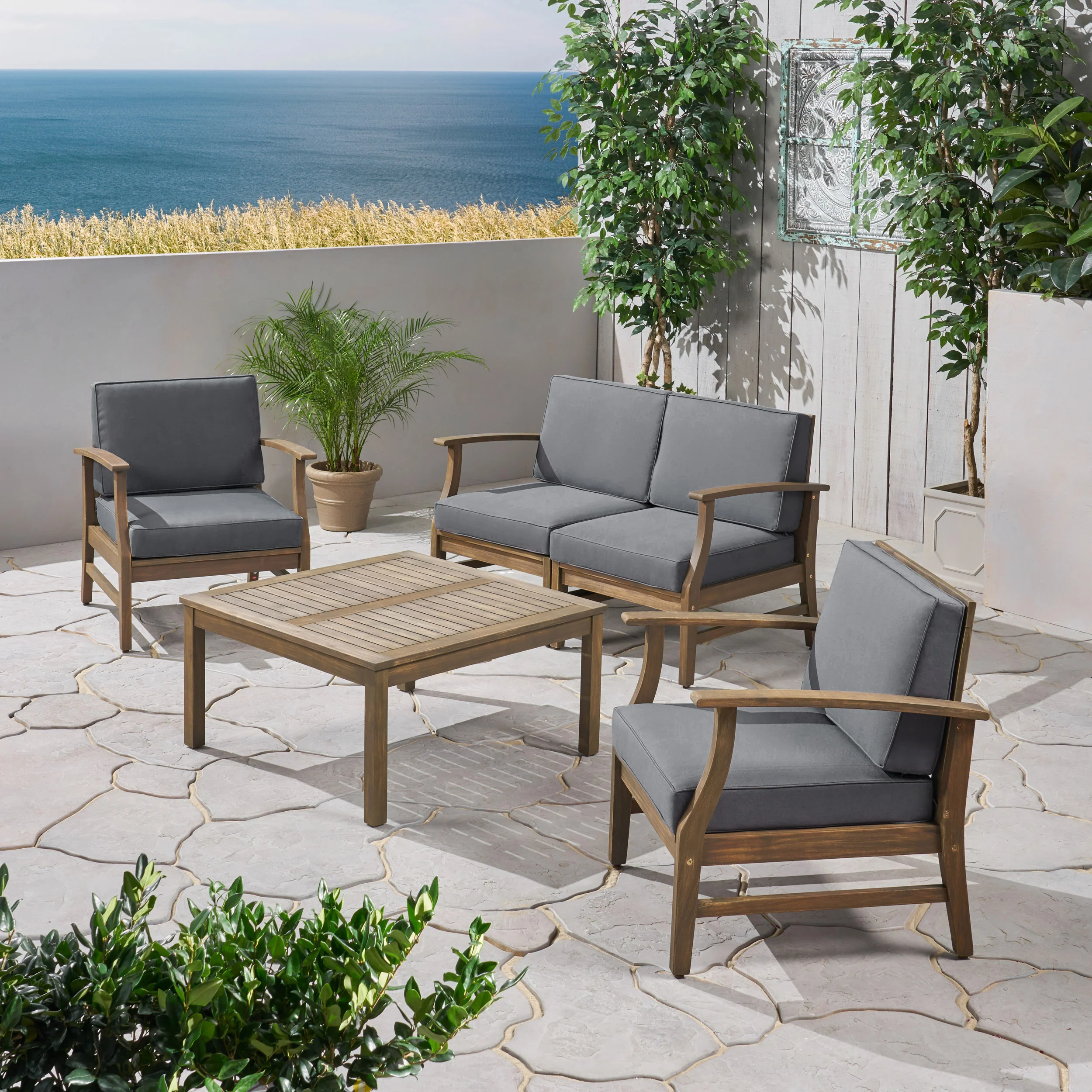 Lorelei Outdoor 5 Piece Acacia Wood Chat Set - furnishings