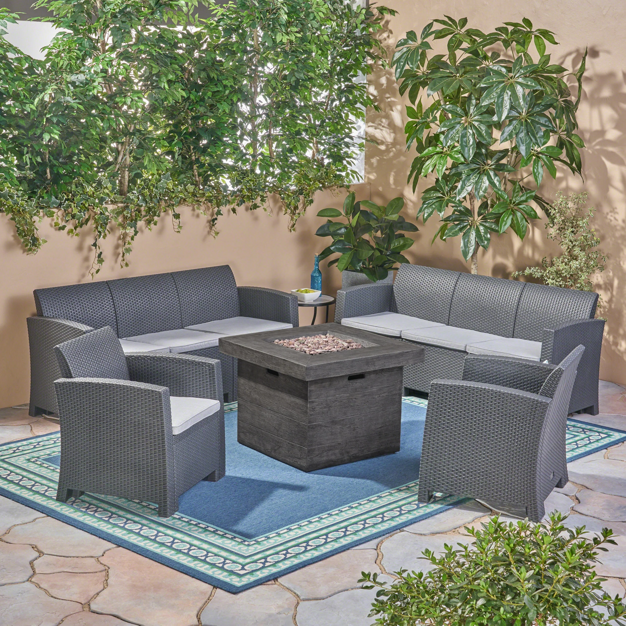 Irwin Outdoor 8-Seater Wicker Print Chat Set with Fire Pit - furnishings