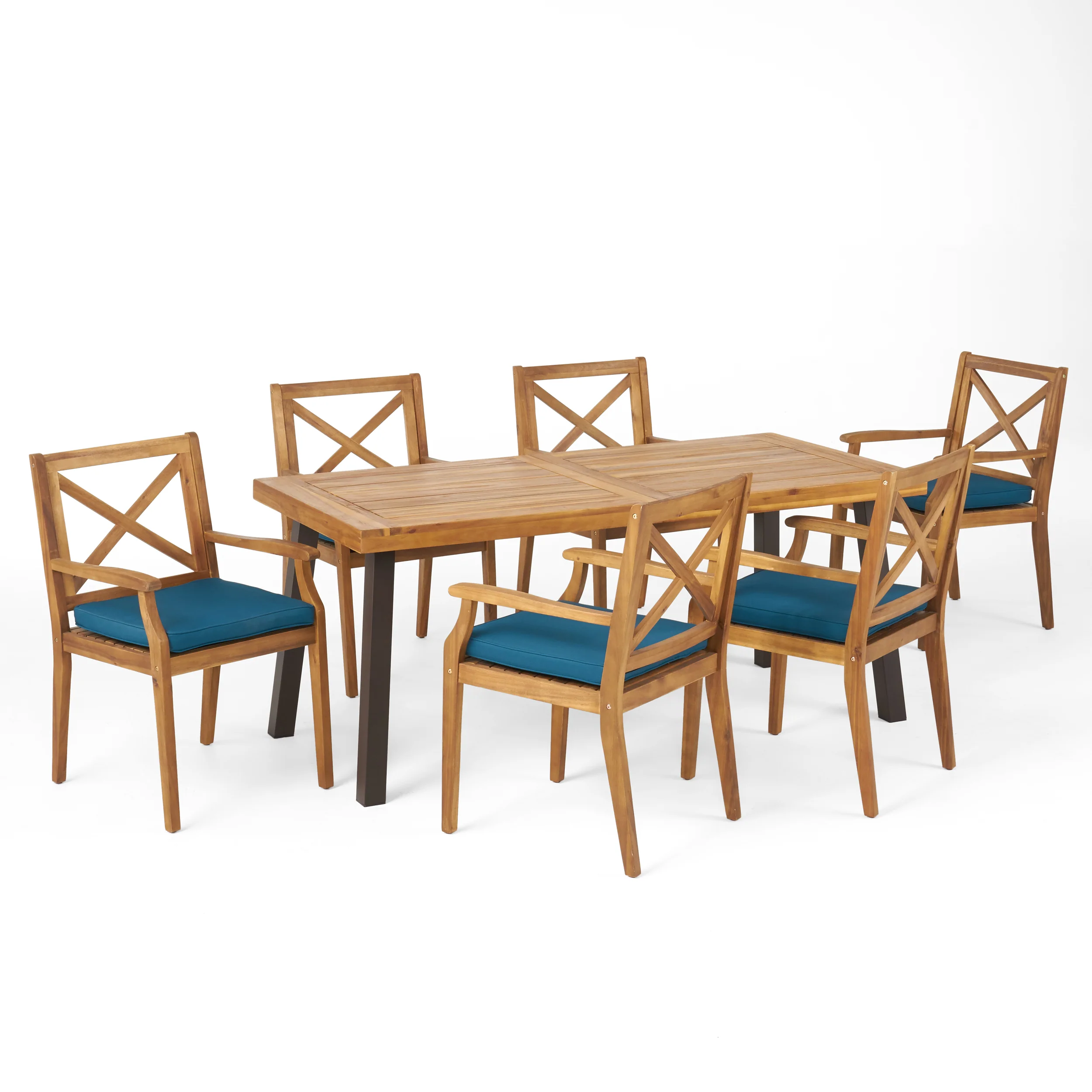 Justin Outdoor Farmhouse Slat-Top 7 Piece Acacia Wood Dining Set with Cushions - furnishings