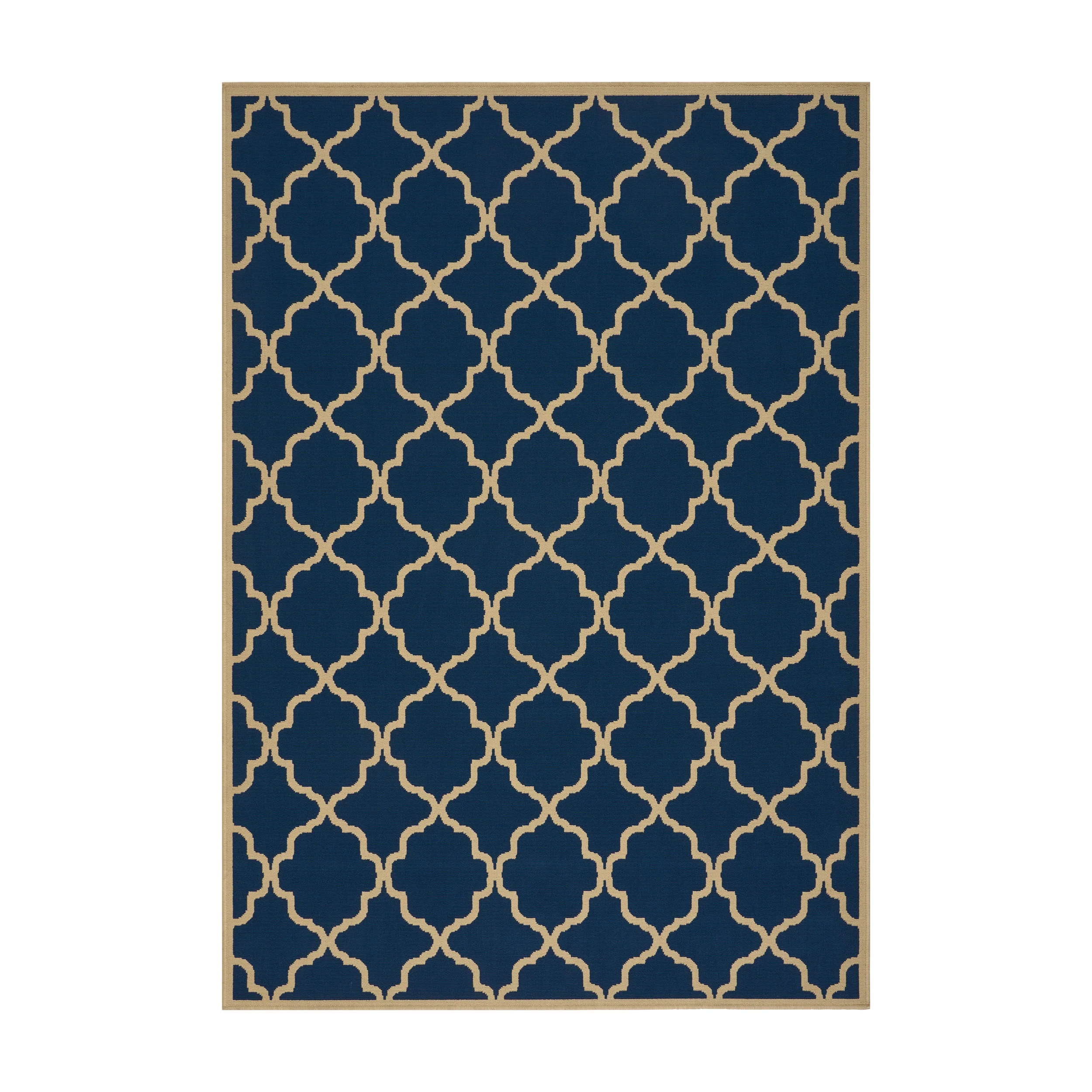 Hazel Outdoor Modern Navy Blue Area Rug with Ivory Quatrefoil Pattern - furnishings