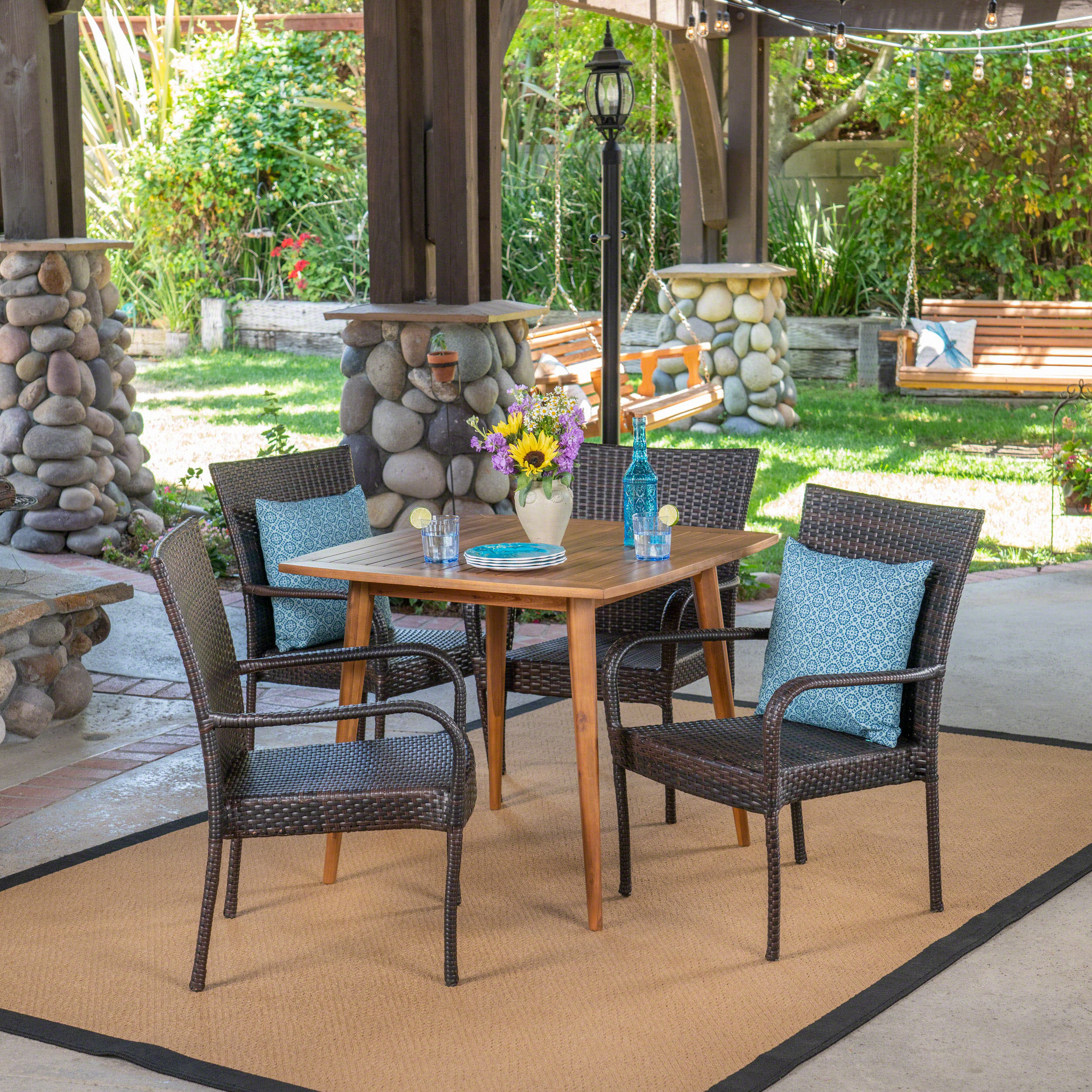 Marsh Outdoor 5 Piece Wood and Wicker Dining Set, Teak and Multi Brown - furnishings
