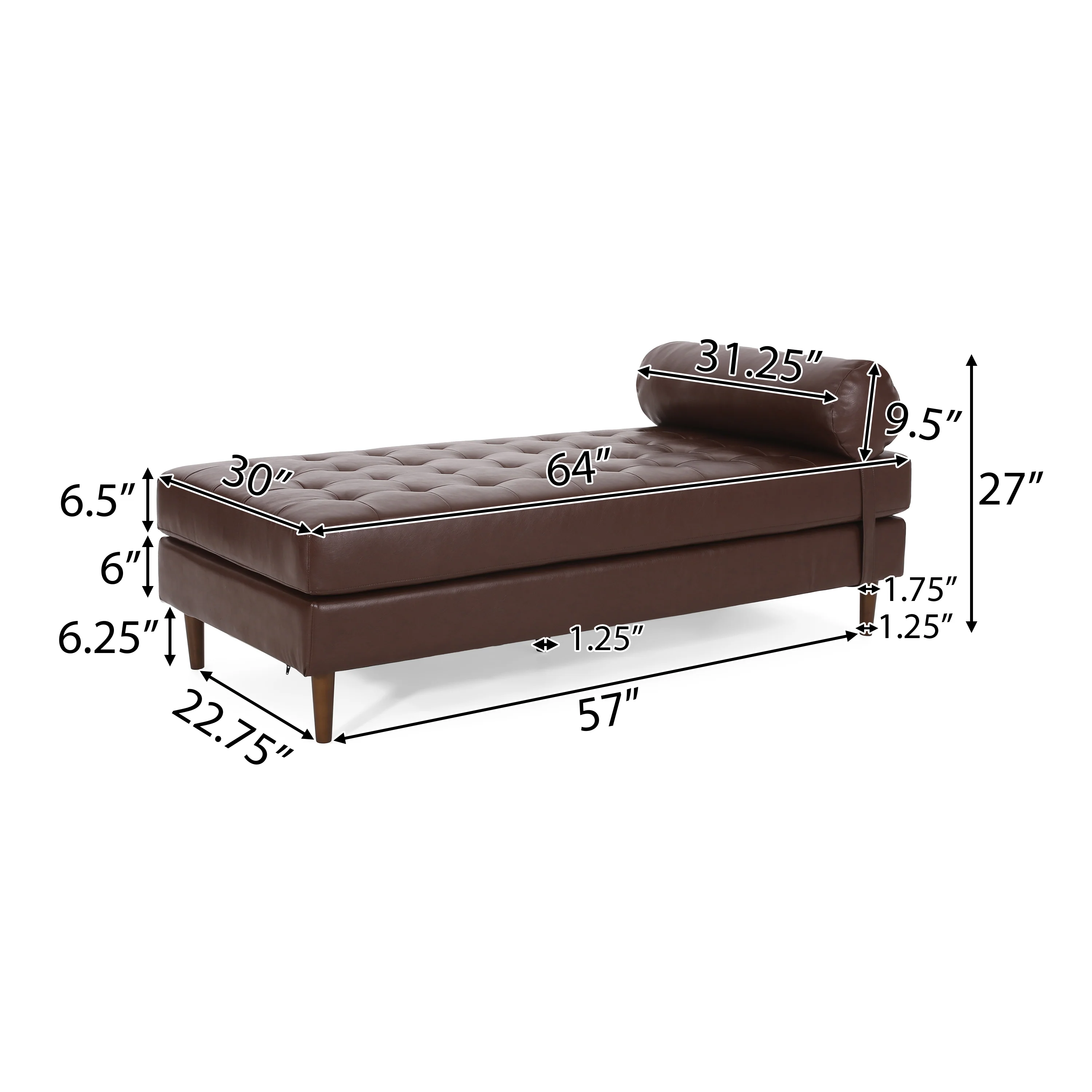 Elkjer Mid Century Modern Faux Leather Tufted Chaise Lounge with Bolster Pillow - furnishings