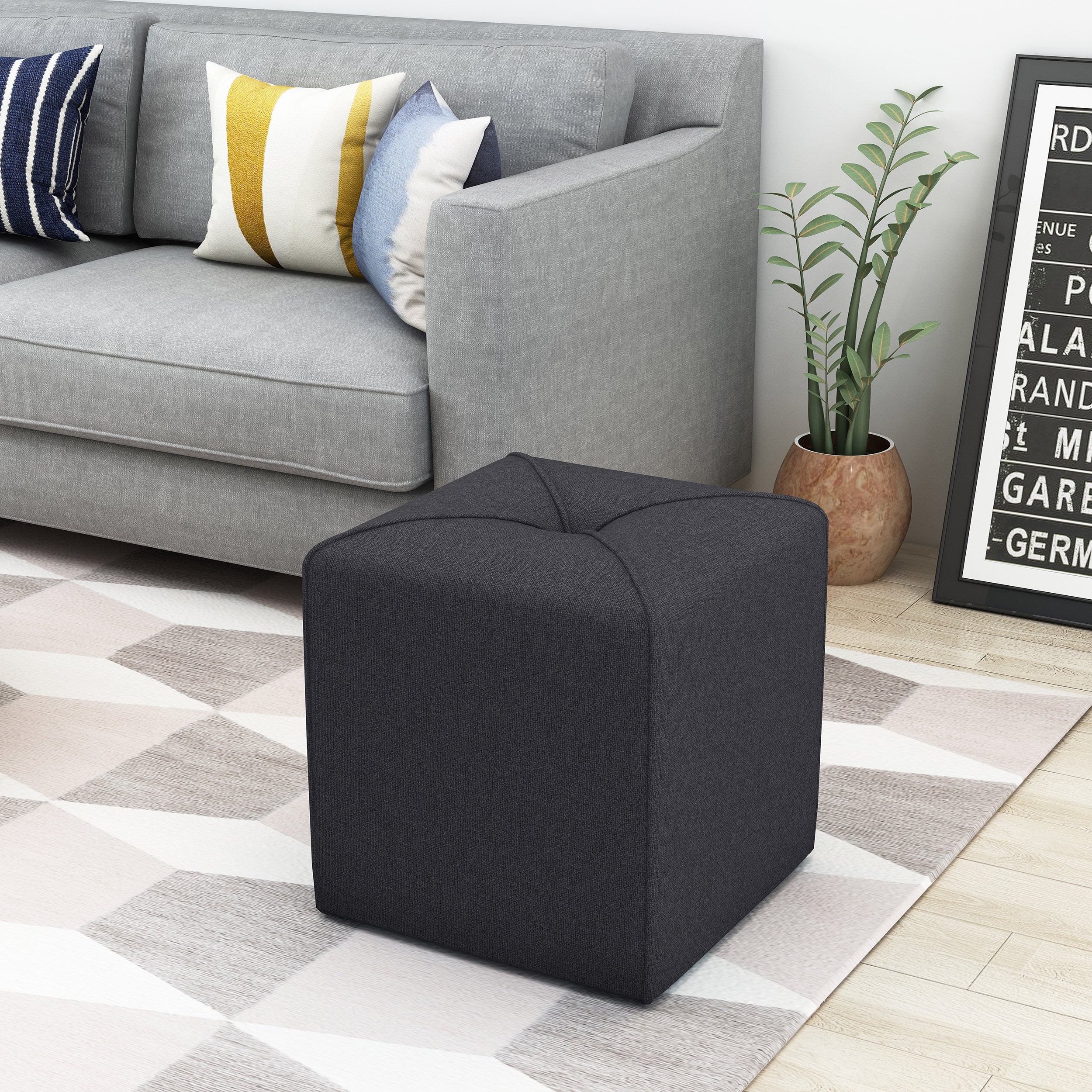 Tammy Modern Fabric Upholstered Square Ottoman with Tonal Piping - furnishings