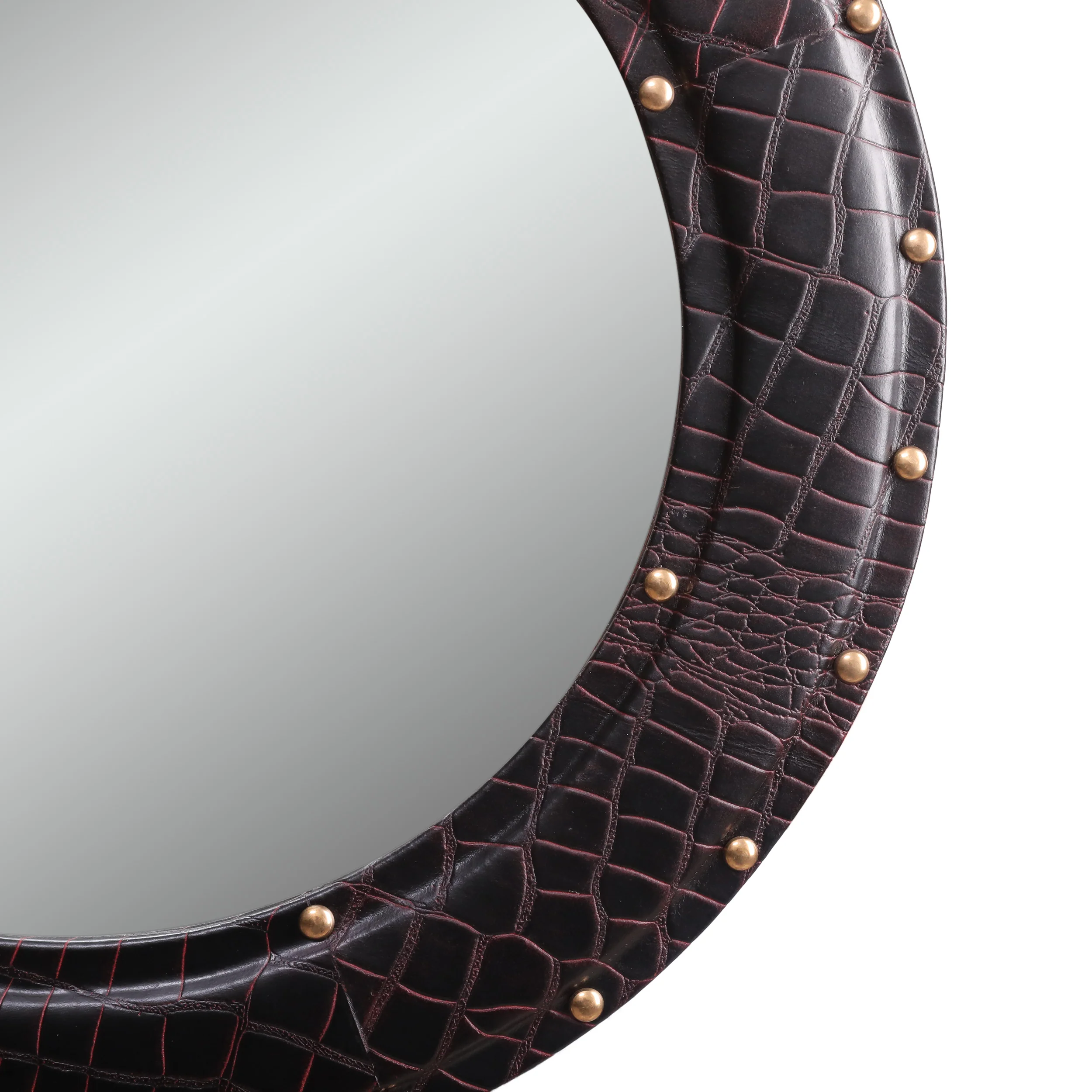 Fieldwood Handcrafted Boho Studded Croco Leather Round Wall Mirror - furnishings