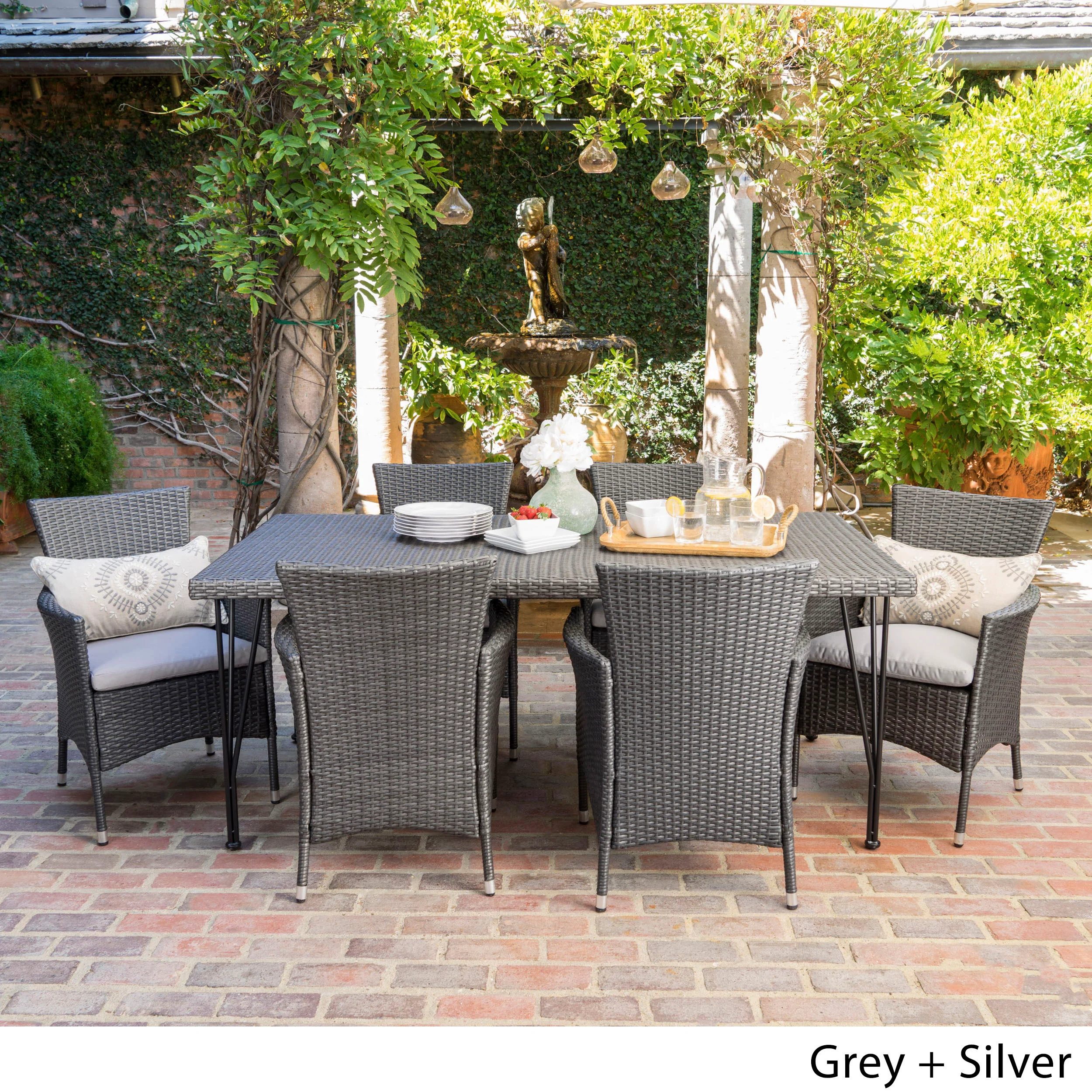 Bevern Outdoor 7 Piece Wicker Dining Set with Water Resistant Cushions - furnishings