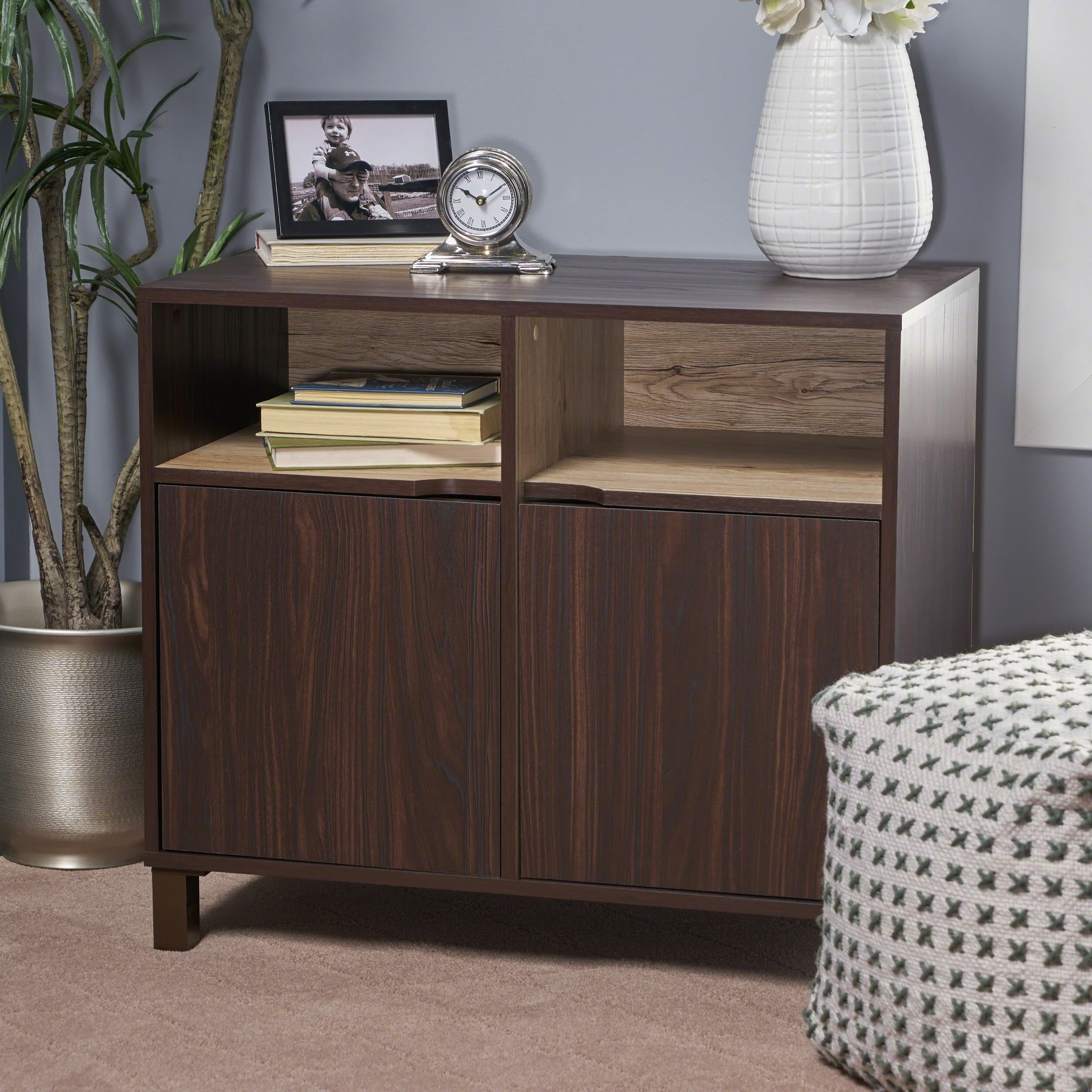 Provence 2-Shelf Walnut Finished Faux Wood Cabinet with Oak Interior - furnishings