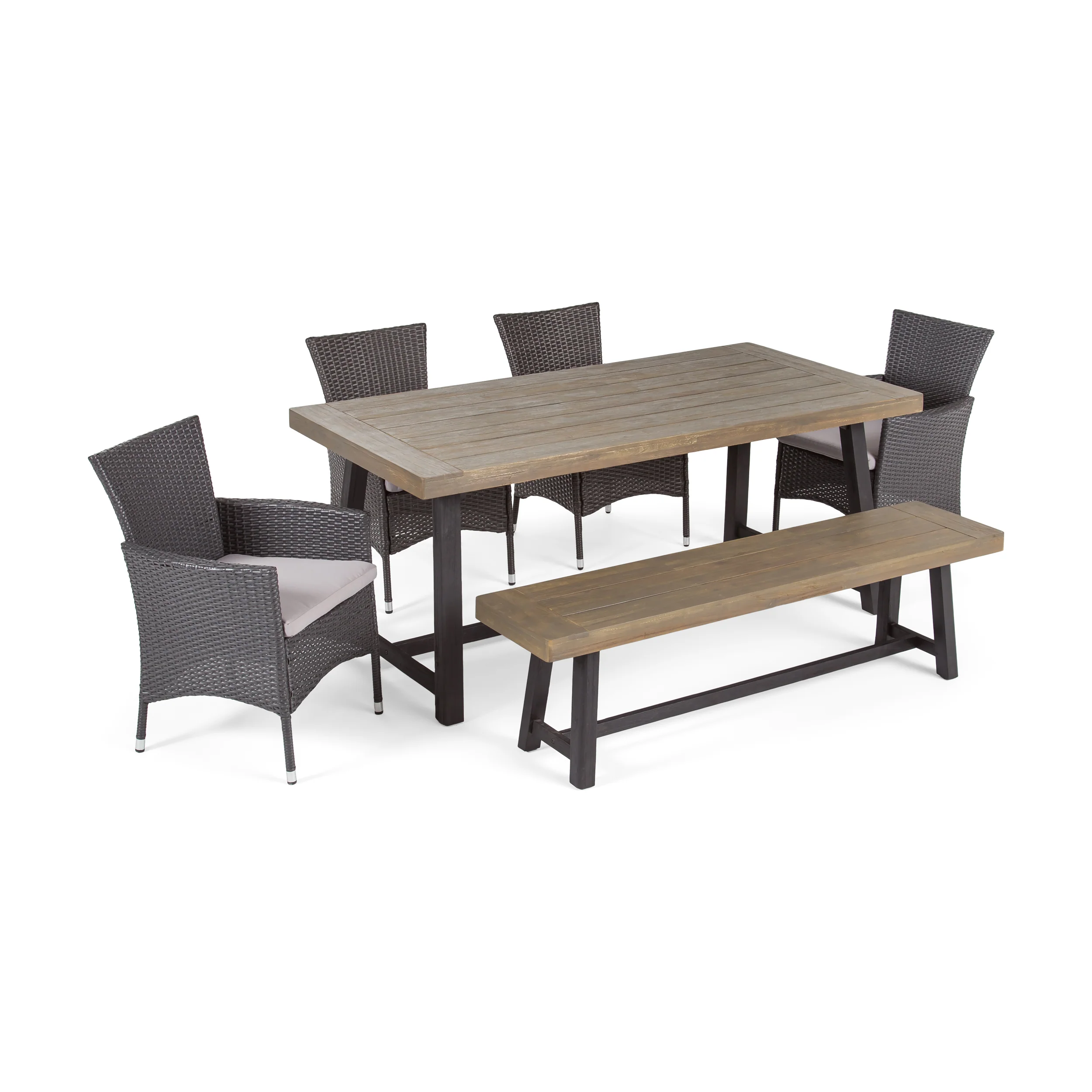 Bunta Outdoor 6 Piece Dining Set with Wicker Chairs and Bench - furnishings