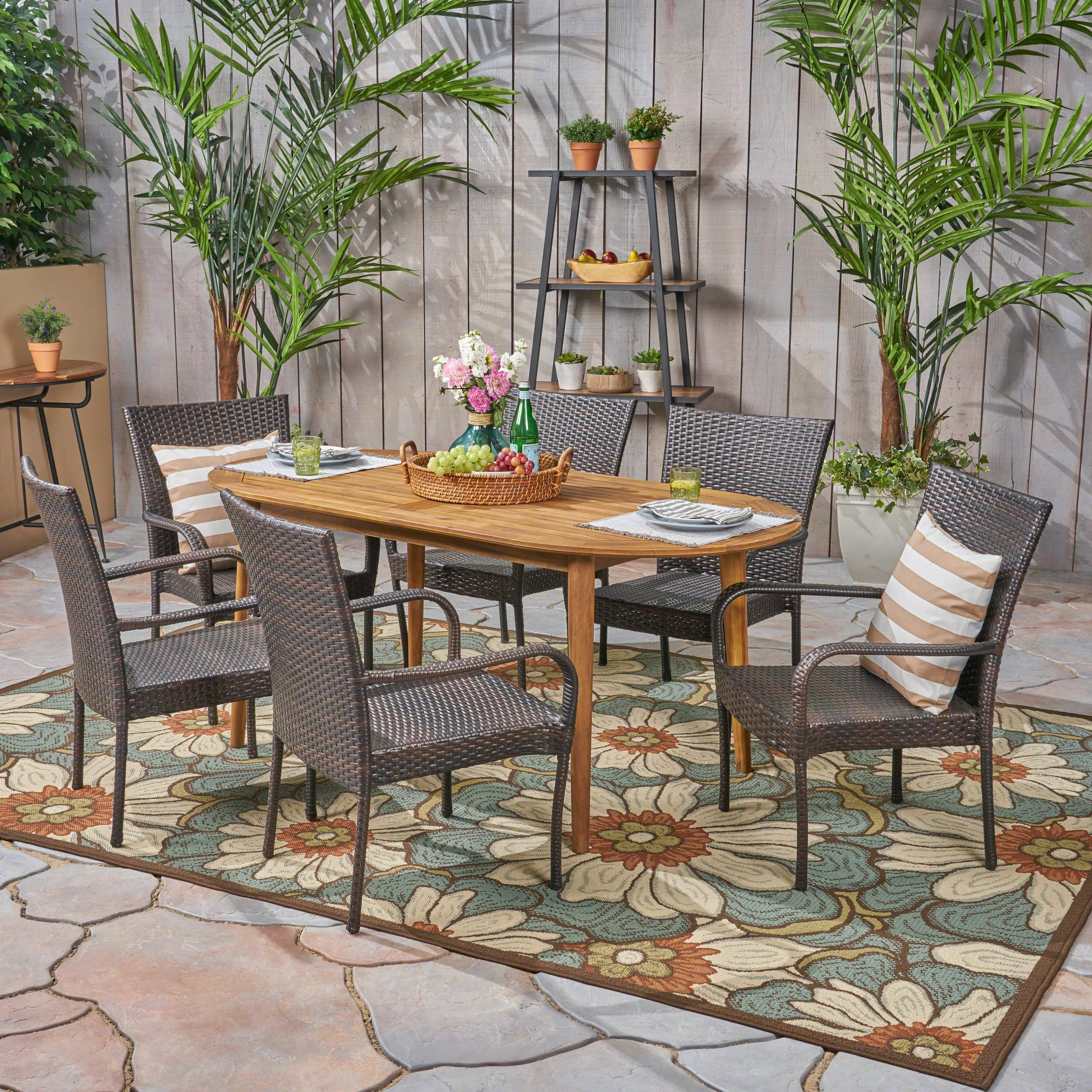 Elle Outdoor 7 Piece Acacia Wood Dining Set with Stacking Wicker Chairs - furnishings