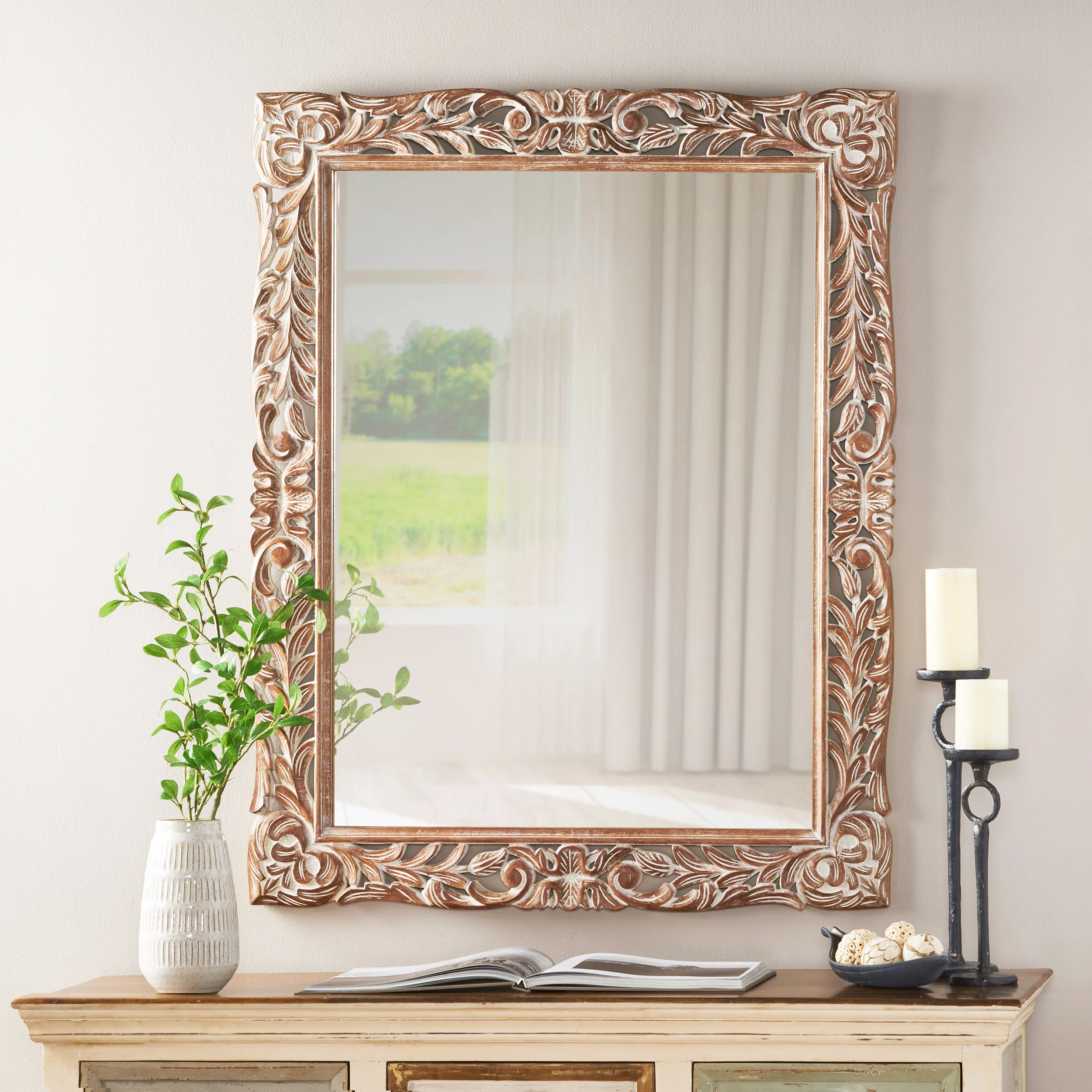 Paula Traditional Mirror with Floral Carved Frame - furnishings