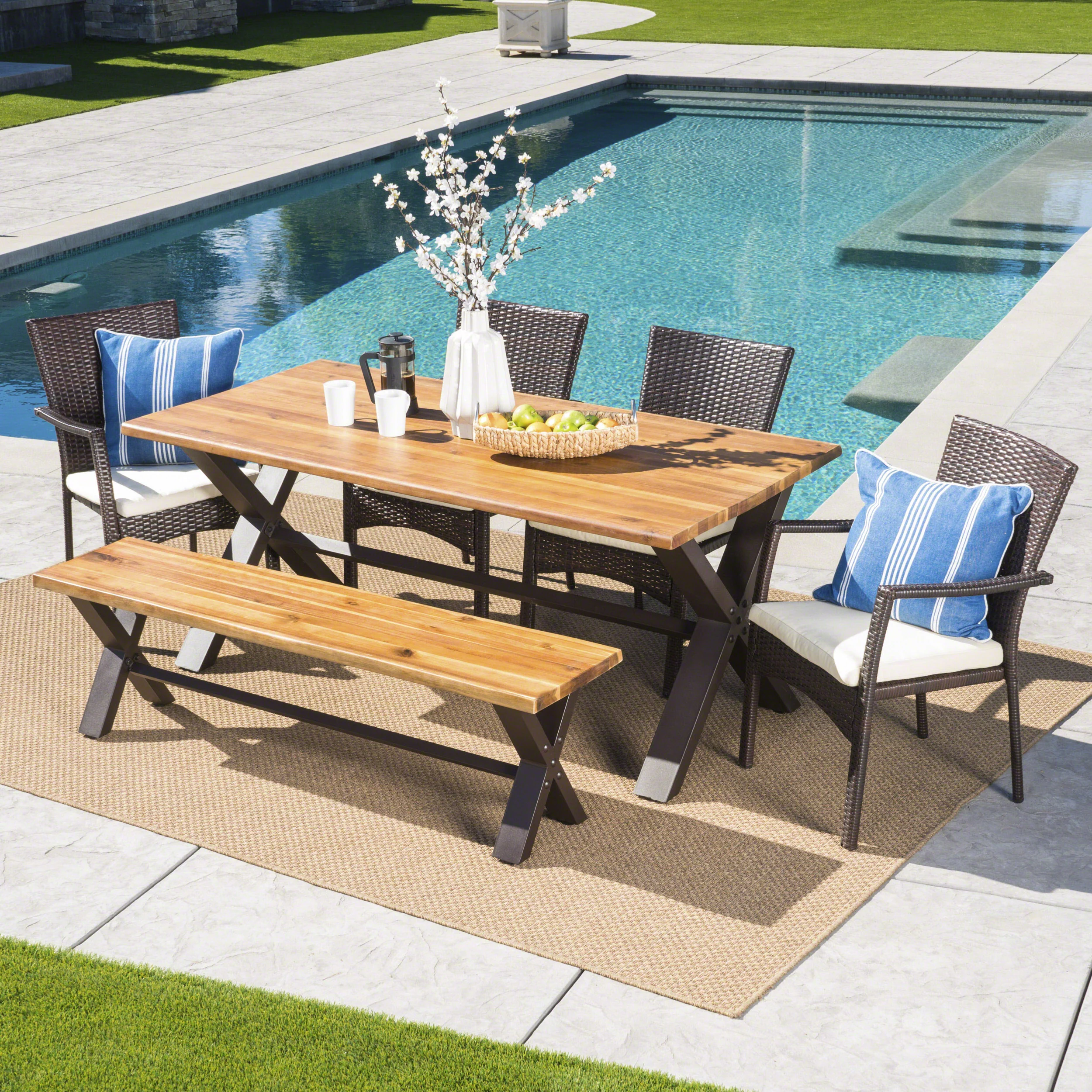 Brent Outdoor 6 Piece Acacia Wood Dining Set with Wicker Dining Chairs - furnishings