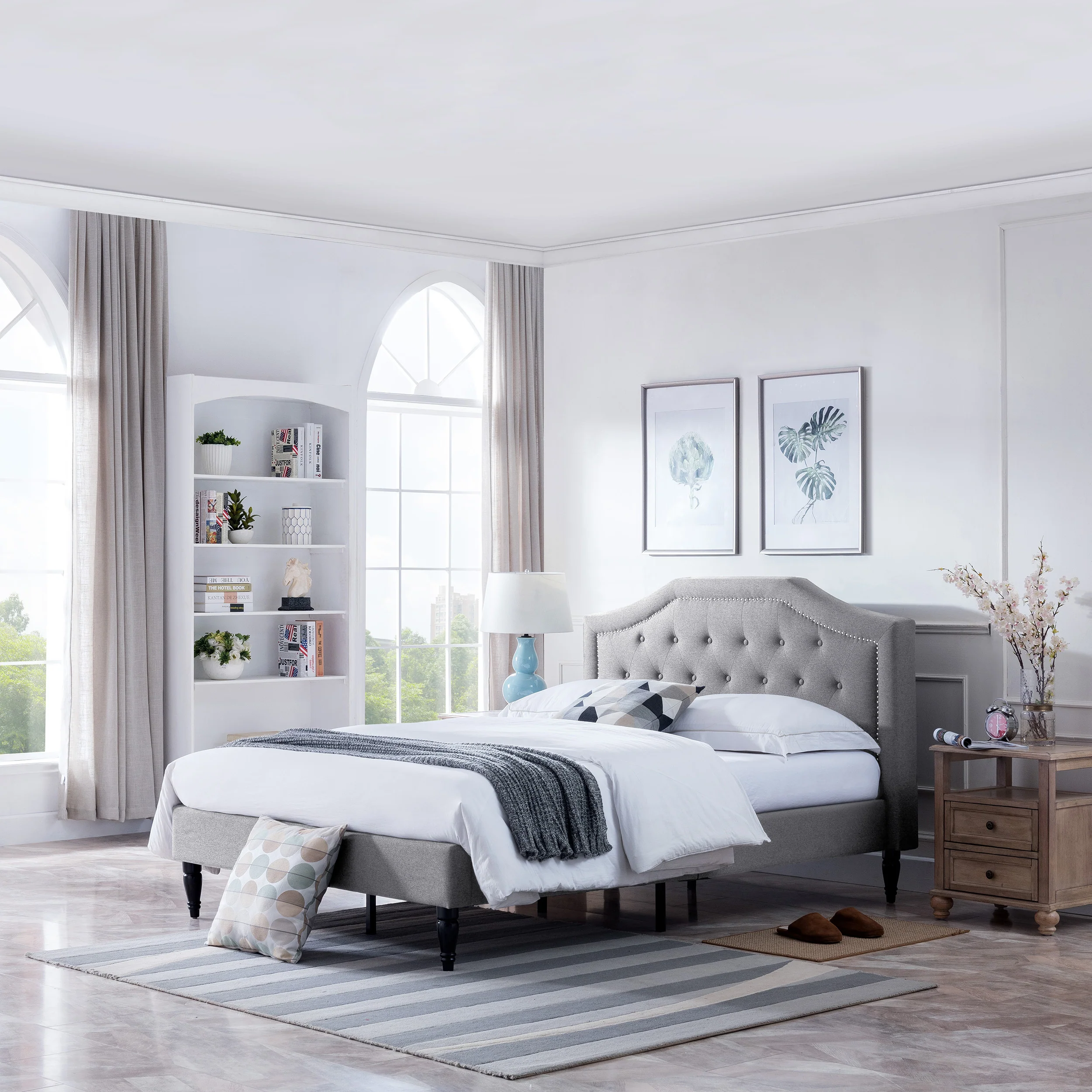 Renee Contemporary Low Profile Fully Upholstered Fabric Platform Bed Frame, Queen - furnishings