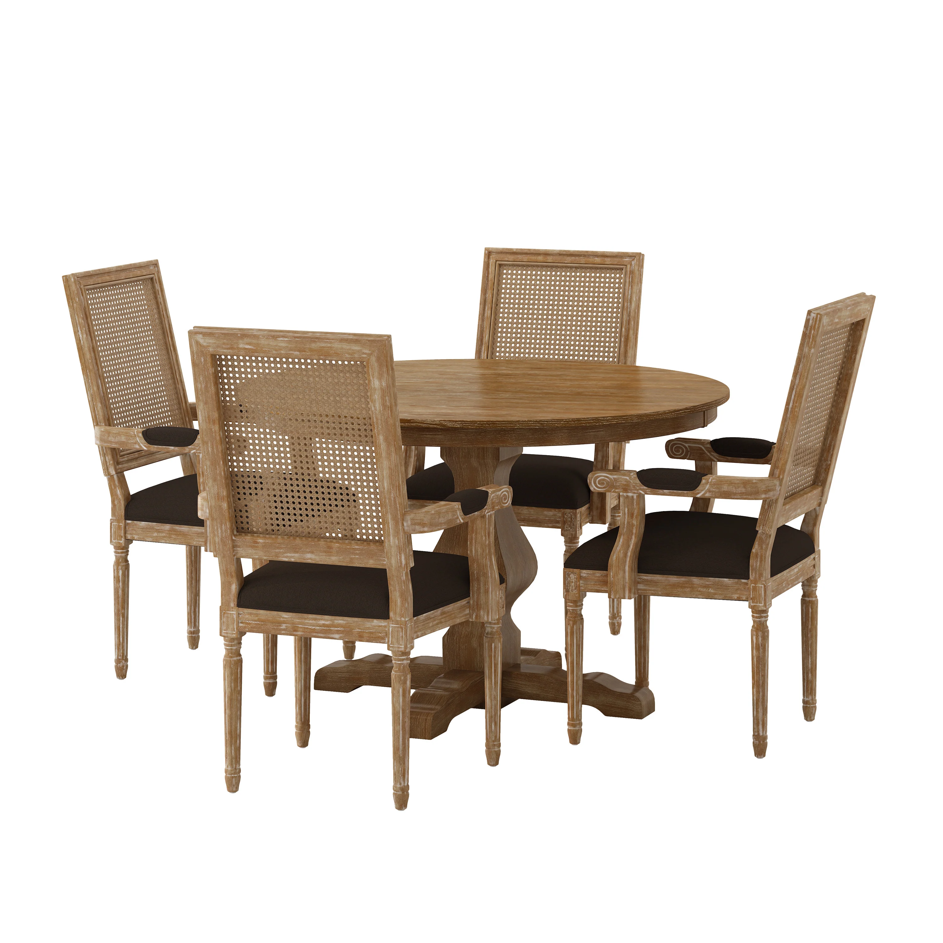 Joretta French Country Fabric Upholstered Wood and Cane 5 Piece Circular Dining Set - furnishings