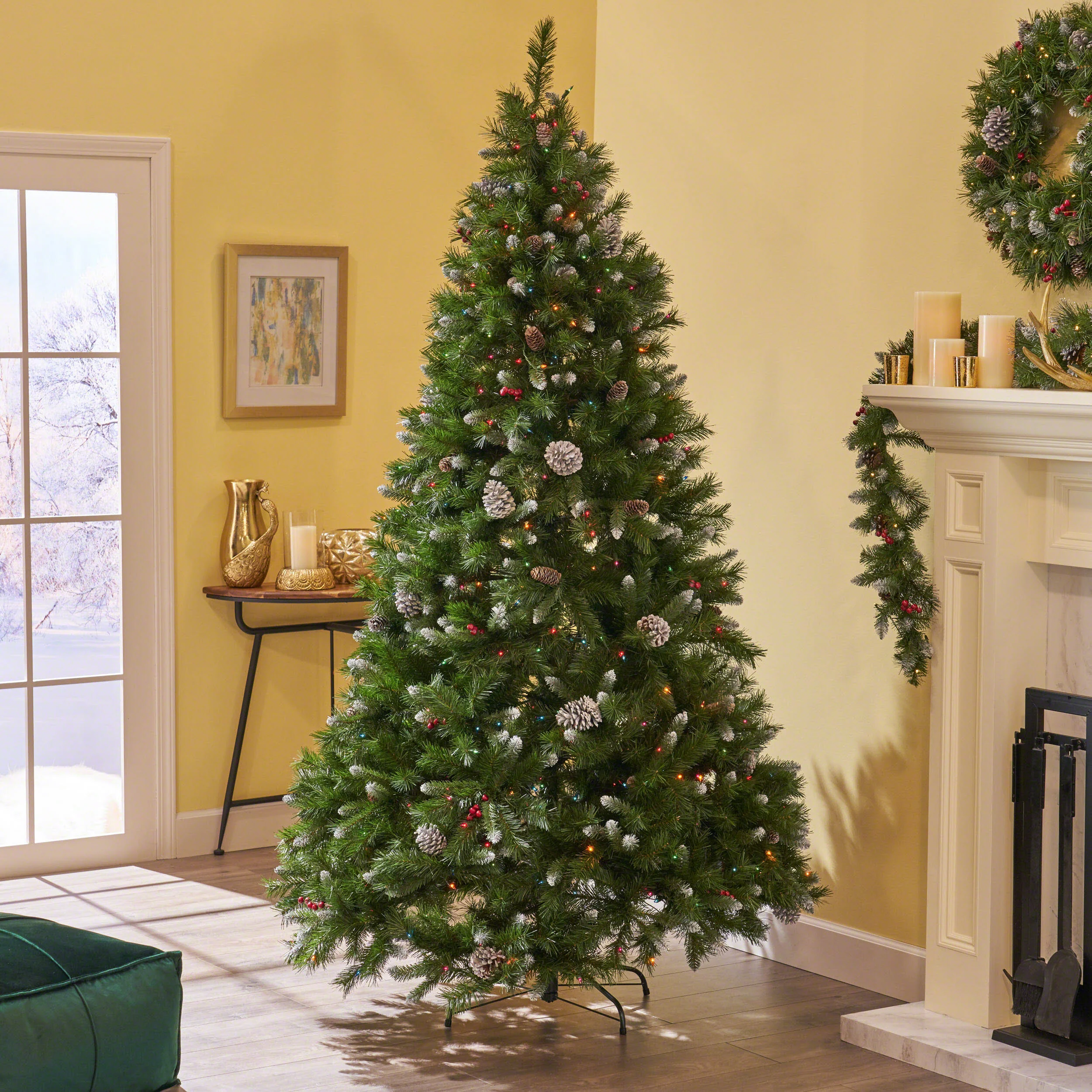7-foot Mixed Spruce Hinged Artificial Christmas Tree with Frosted Branches, Red Berries, and Frosted Pinecones - furnishings