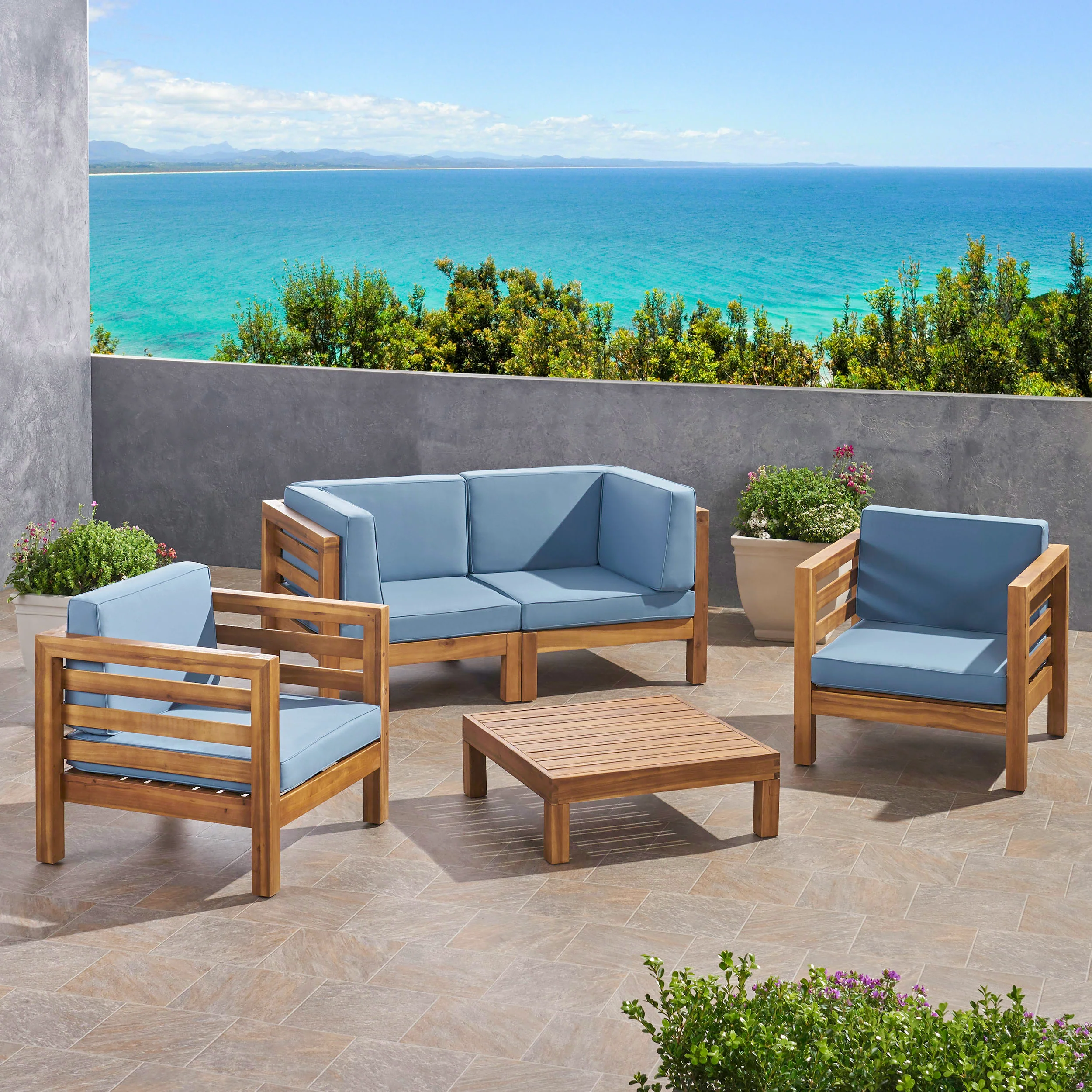 Emma Outdoor 4 Seater Acacia Wood Loveseat Chat Set - furnishings