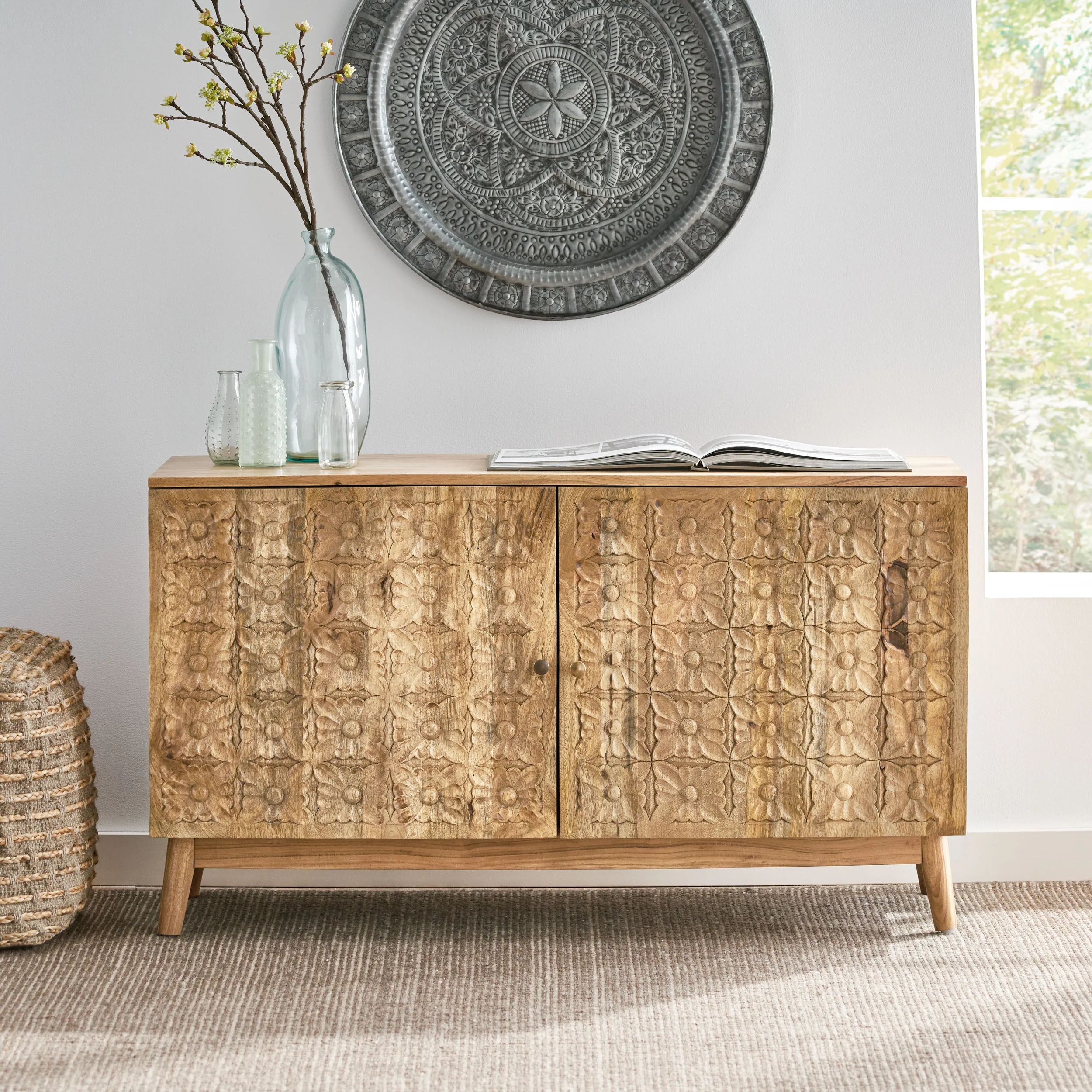 Lytle Handcrafted Boho Acacia Wood 2 Door Cabinet, Natural - furnishings