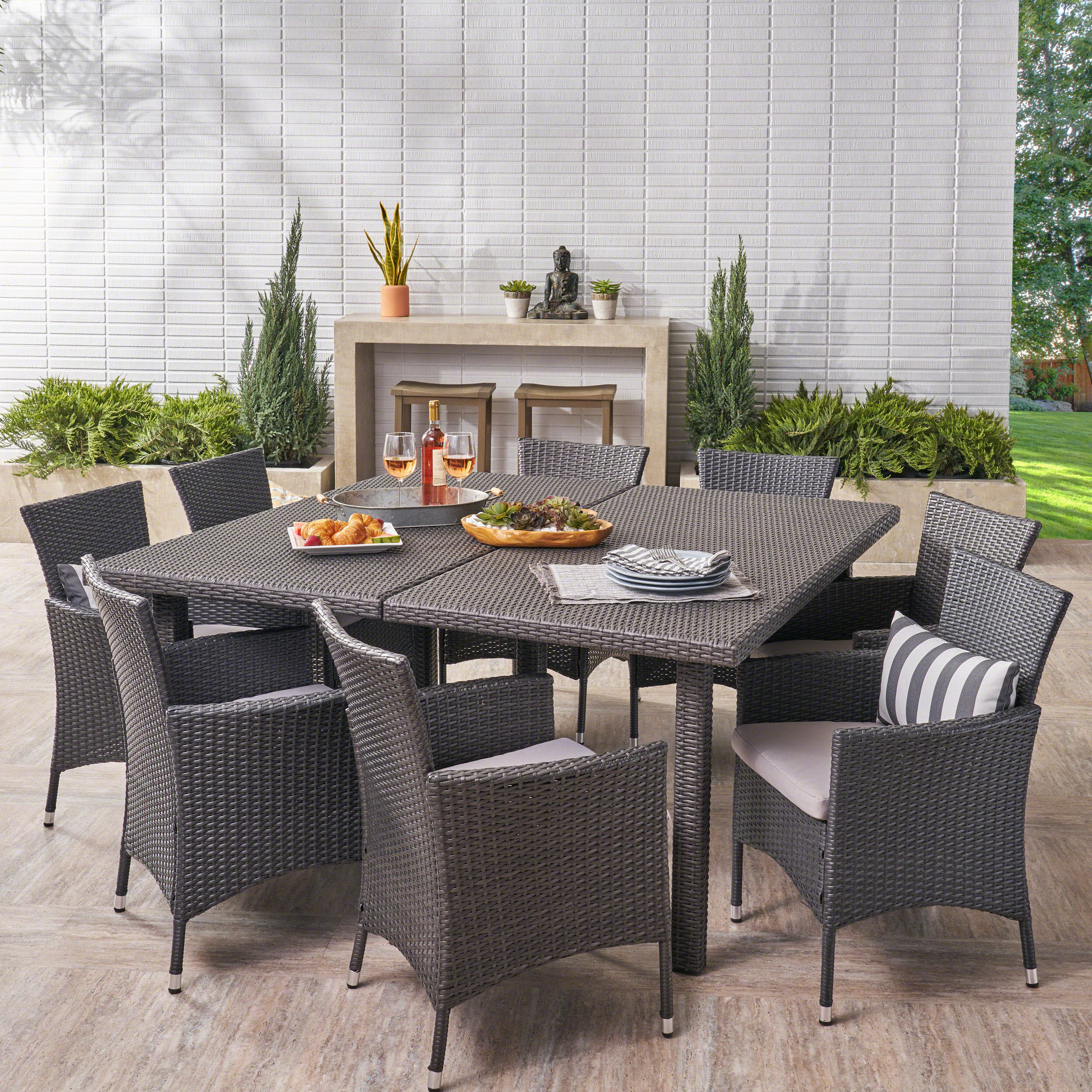 Noah Outdoor 9 Piece Grey Wicker Square Dining Set with Silver Water Resistant Cushions - furnishings