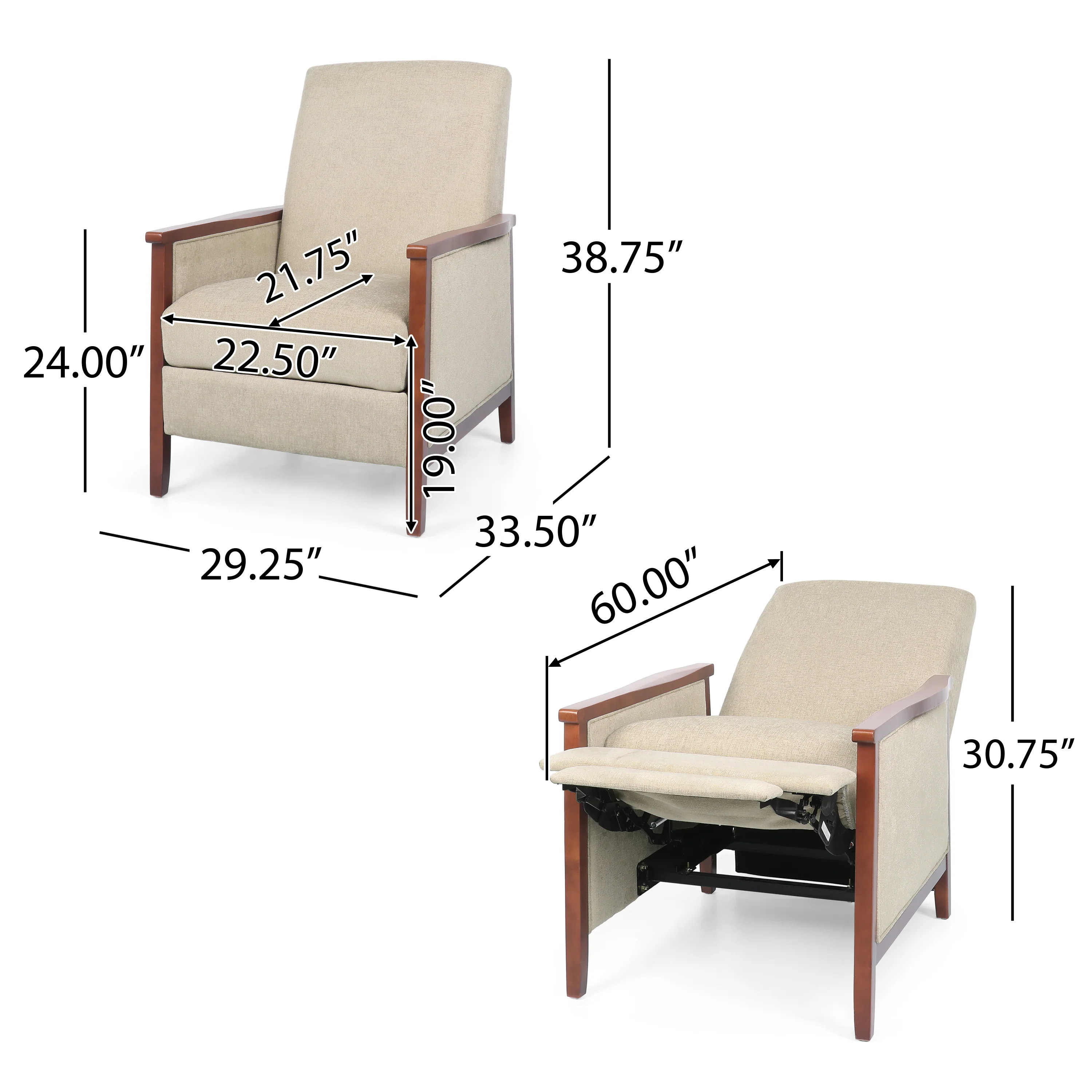 Ambleside Mid Century Modern Fabric Upholstered Wood Pushback Recliners, Set of 2 - furnishings