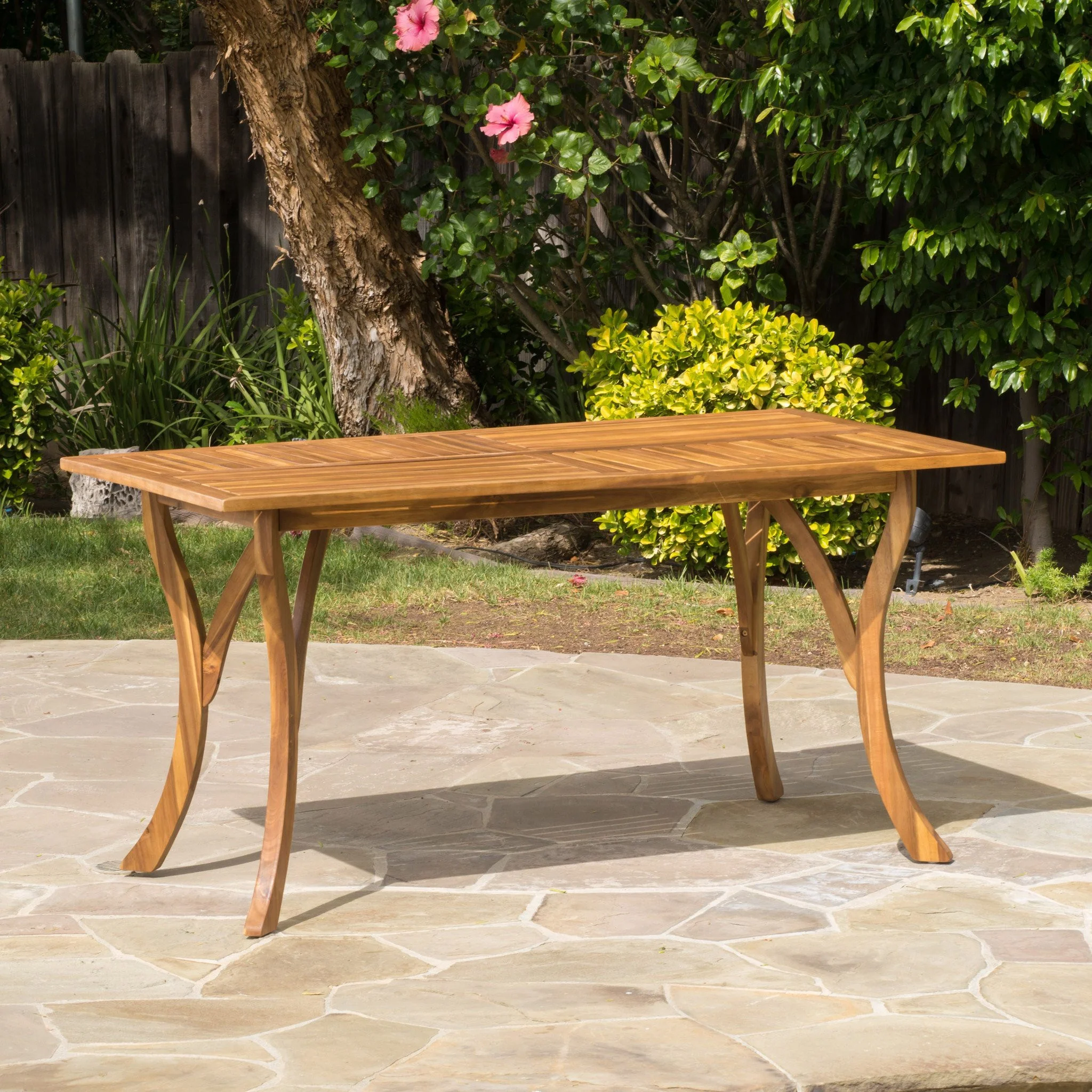 Coastside Outdoor Transitional 7-Piece Teak Acacia Wood Dining Set with Cushions - furnishings