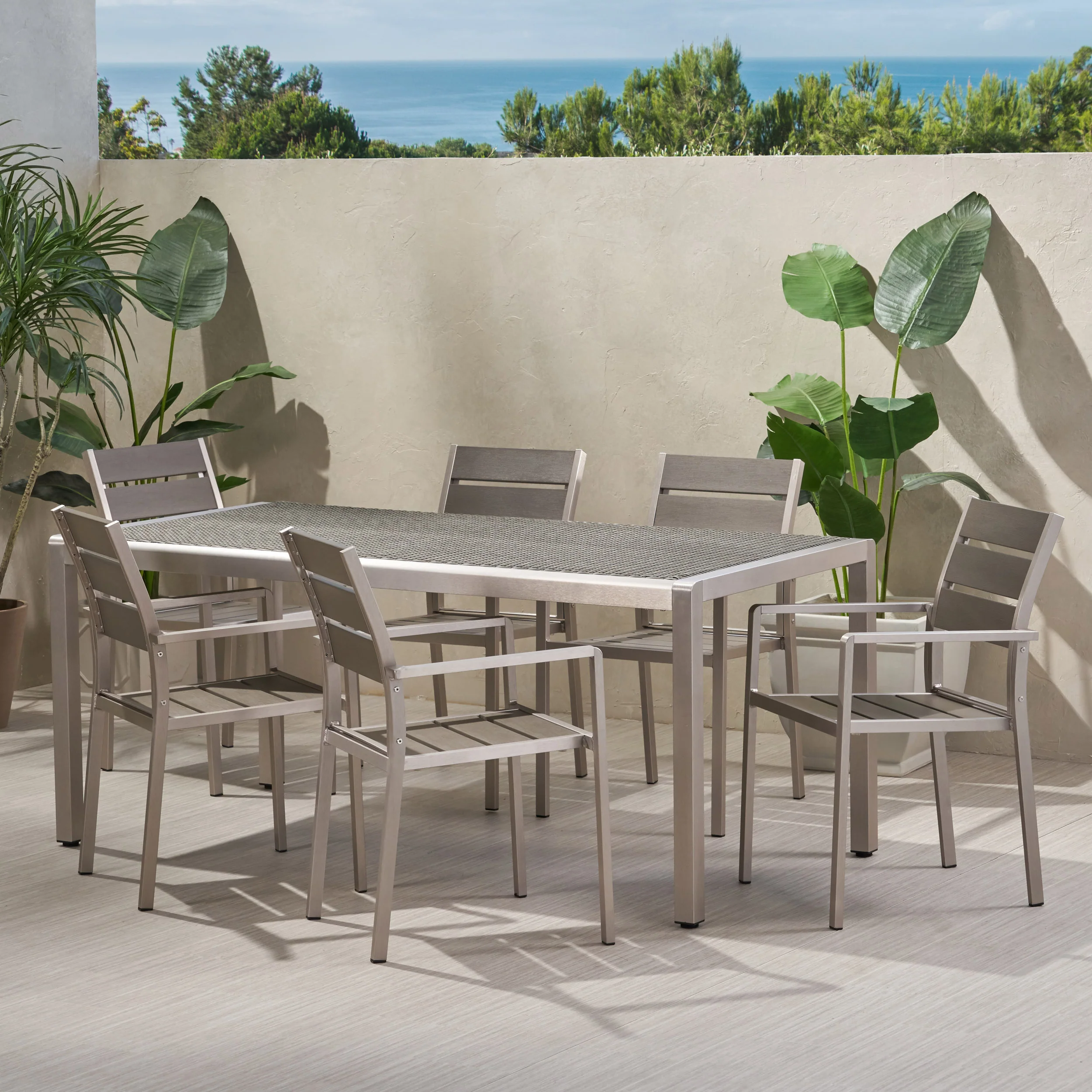 Cherie Outdoor Modern Aluminum 6 Seater Dining Set with Faux Wood Seats - furnishings