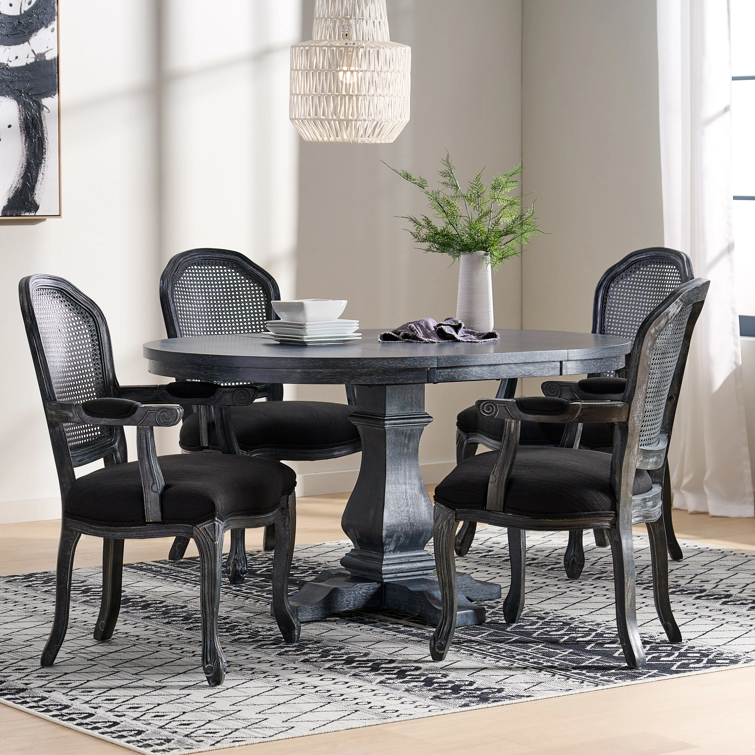 Mariette French Country Wood and Cane 5 Piece Expandable Oval Dining Set - furnishings