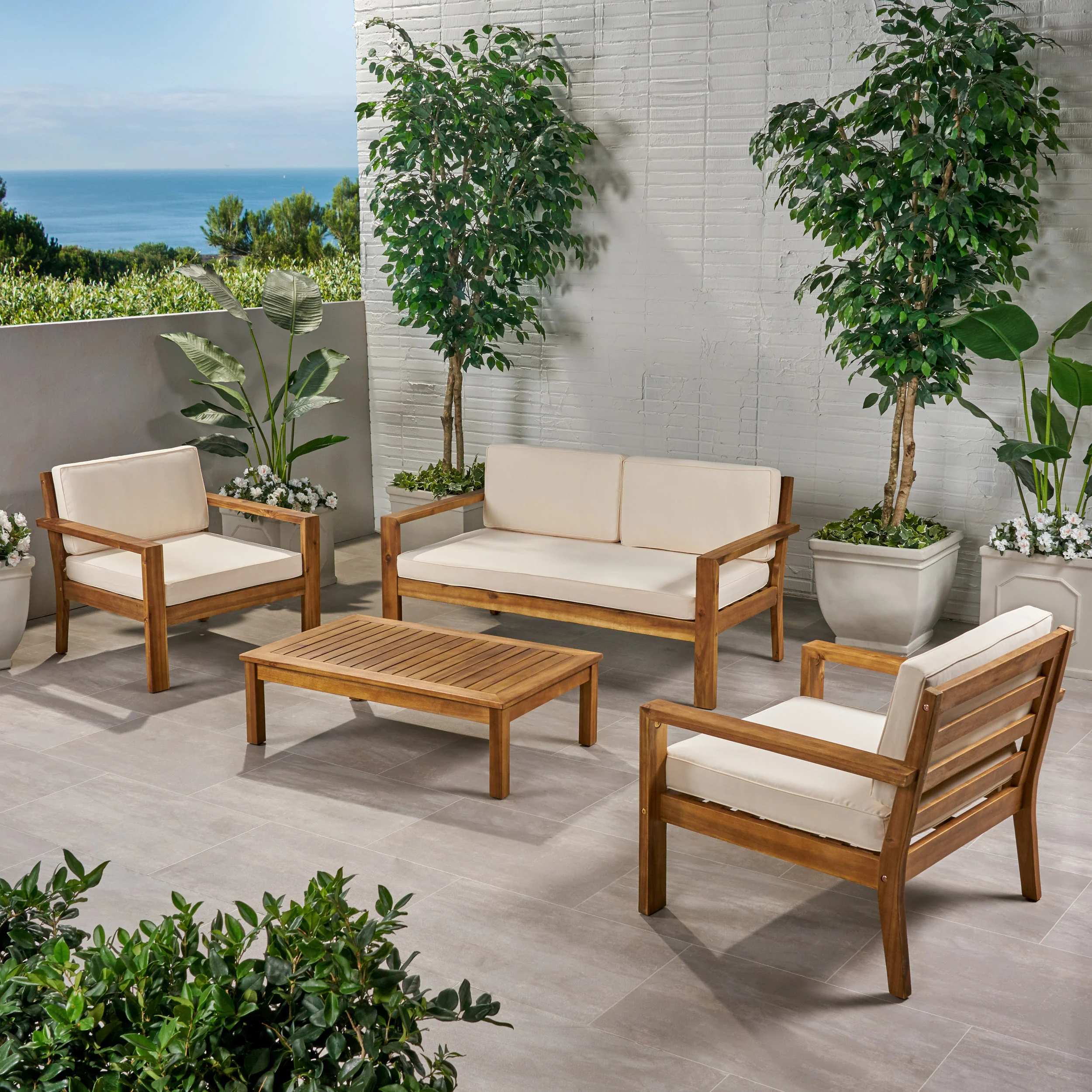 Gloria Outdoor 4 Seater Acacia Wood Chat Set with Cushions - furnishings