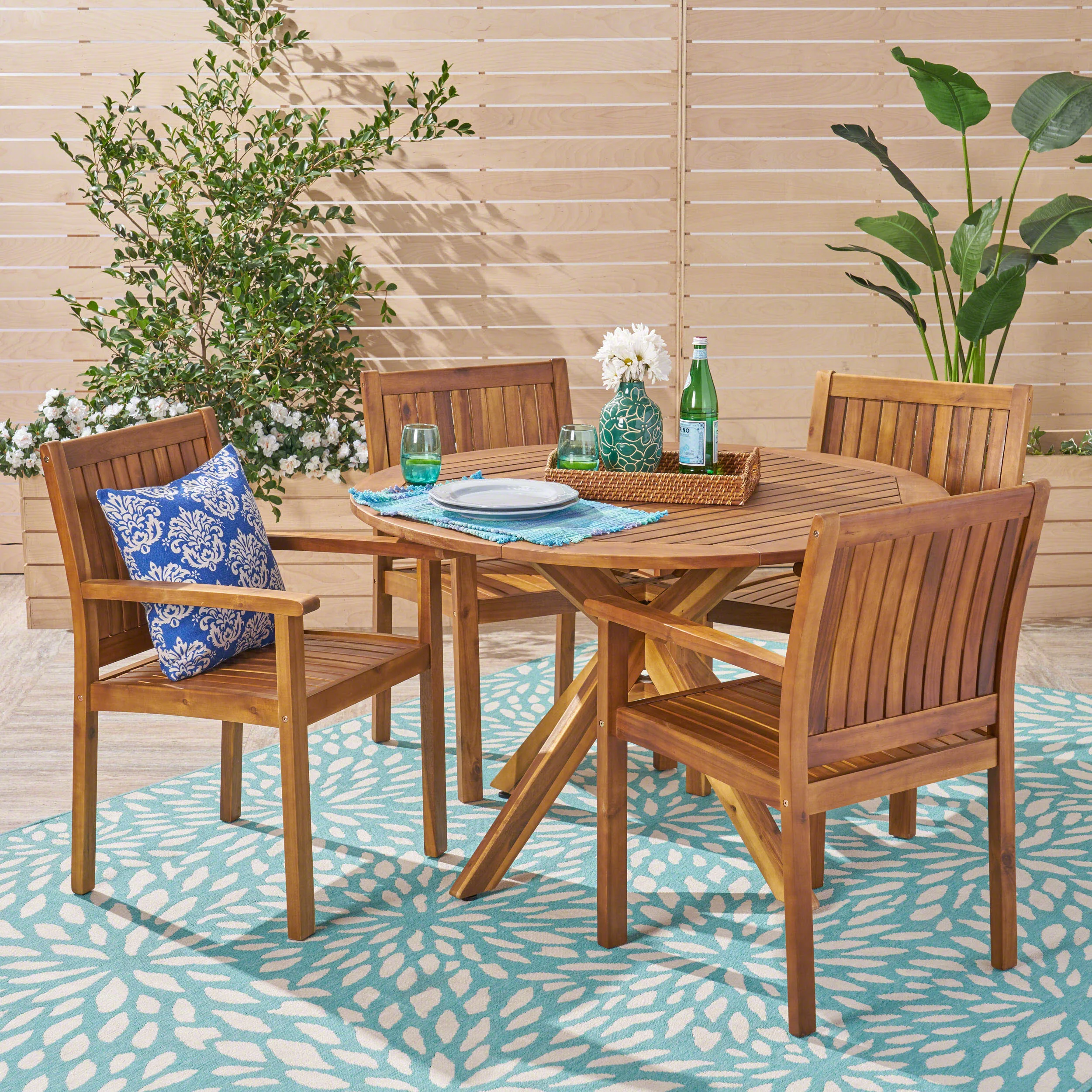 Kally Outdoor Five Piece Acacia Dining Set, Teak Finish - furnishings