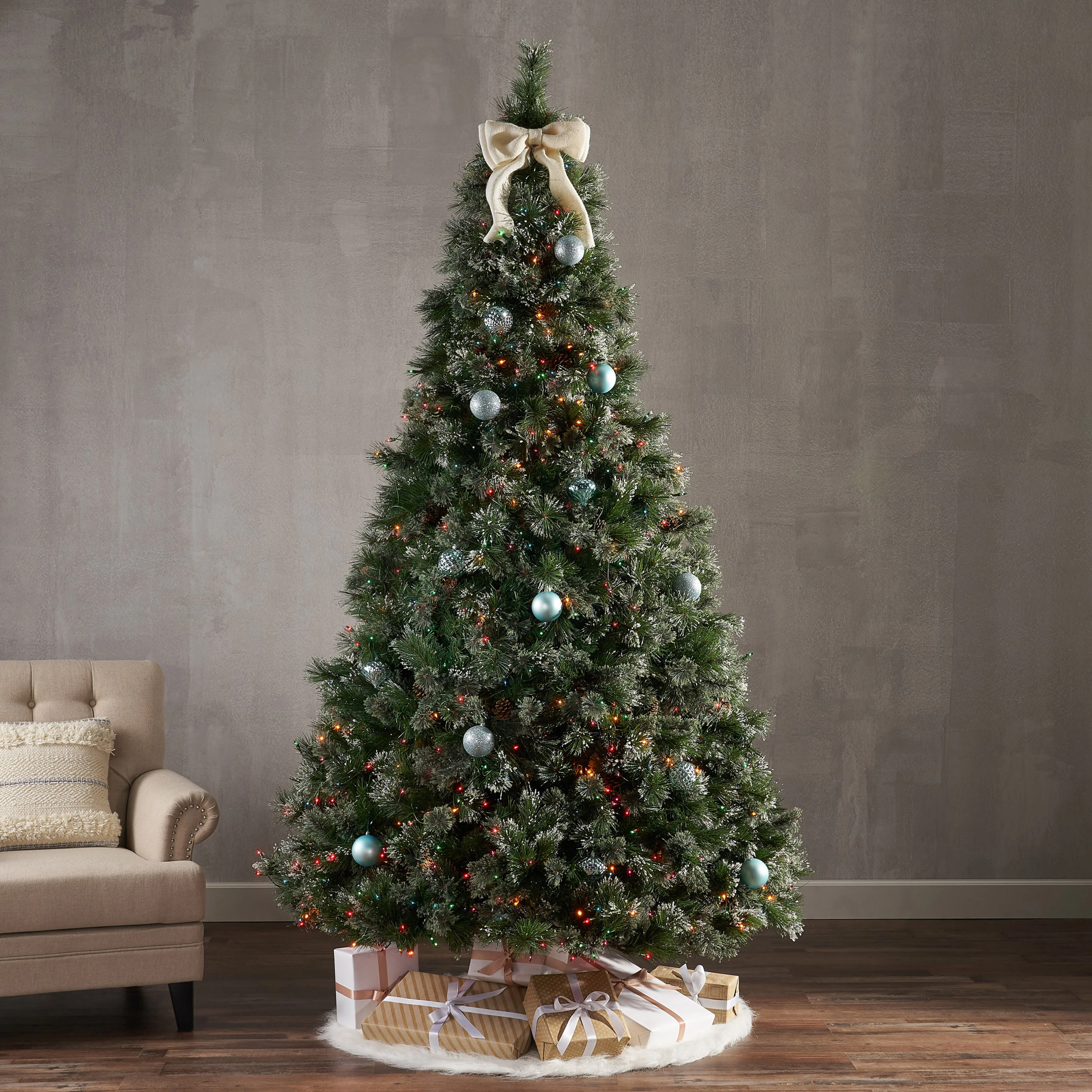 9-foot Cashmere Pine and Mixed Needles Hinged Artificial Christmas Tree with Snowy Branches and Pinecones - furnishings