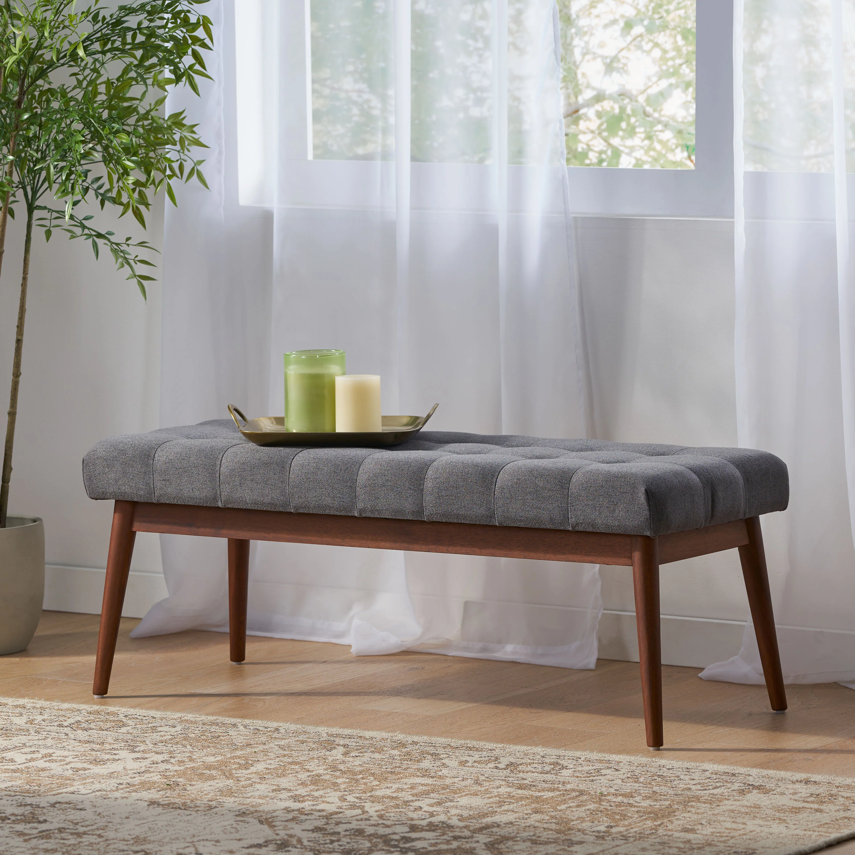Flora Mid-Century Button Tufted Fabric Ottoman Bench with Tapered Legs - furnishings