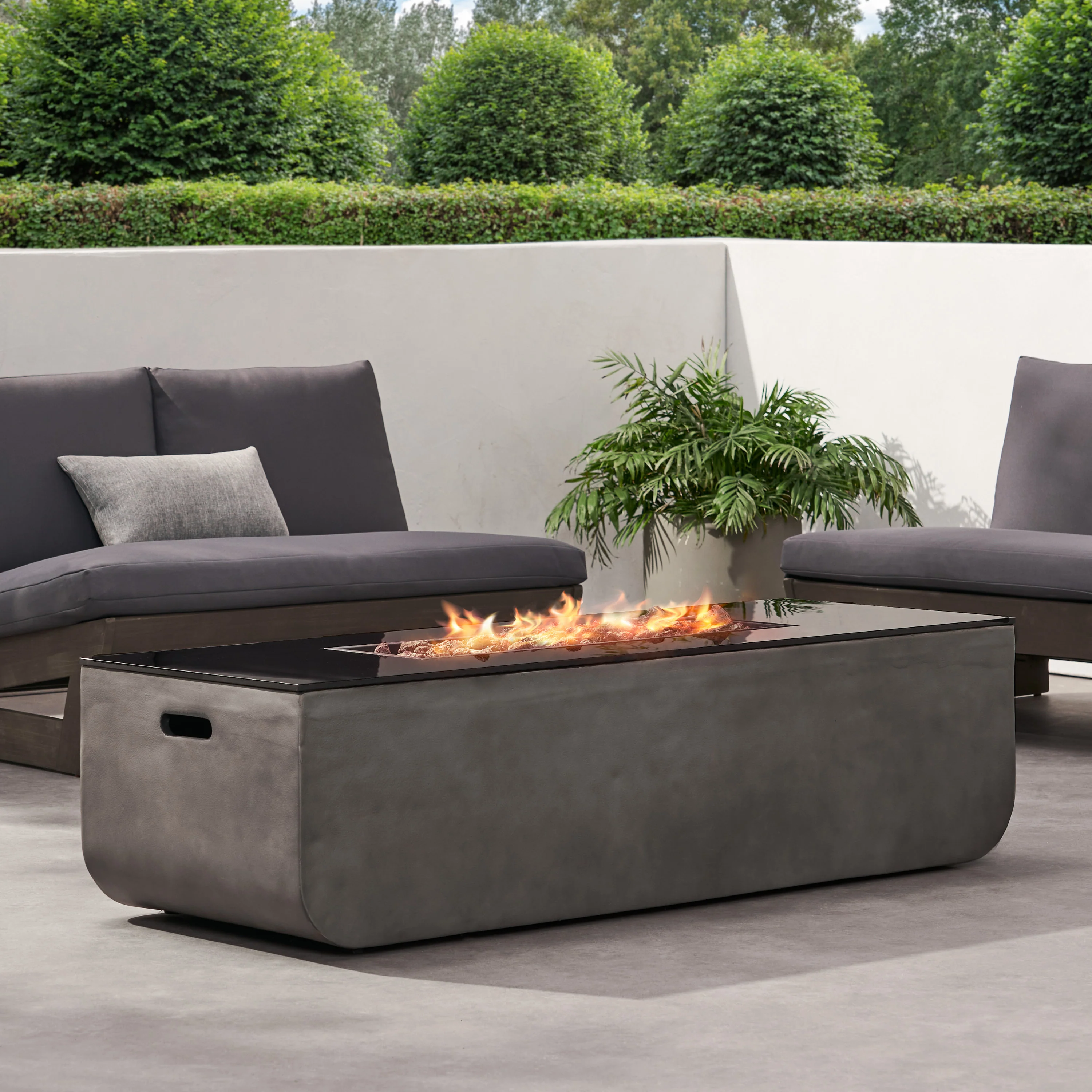 Riga Outdoor 50,000 BTU Lightweight Concrete and Ceramic Rectangular Fire Pit (No Tank Holder), Light Gray and Black - furnishings