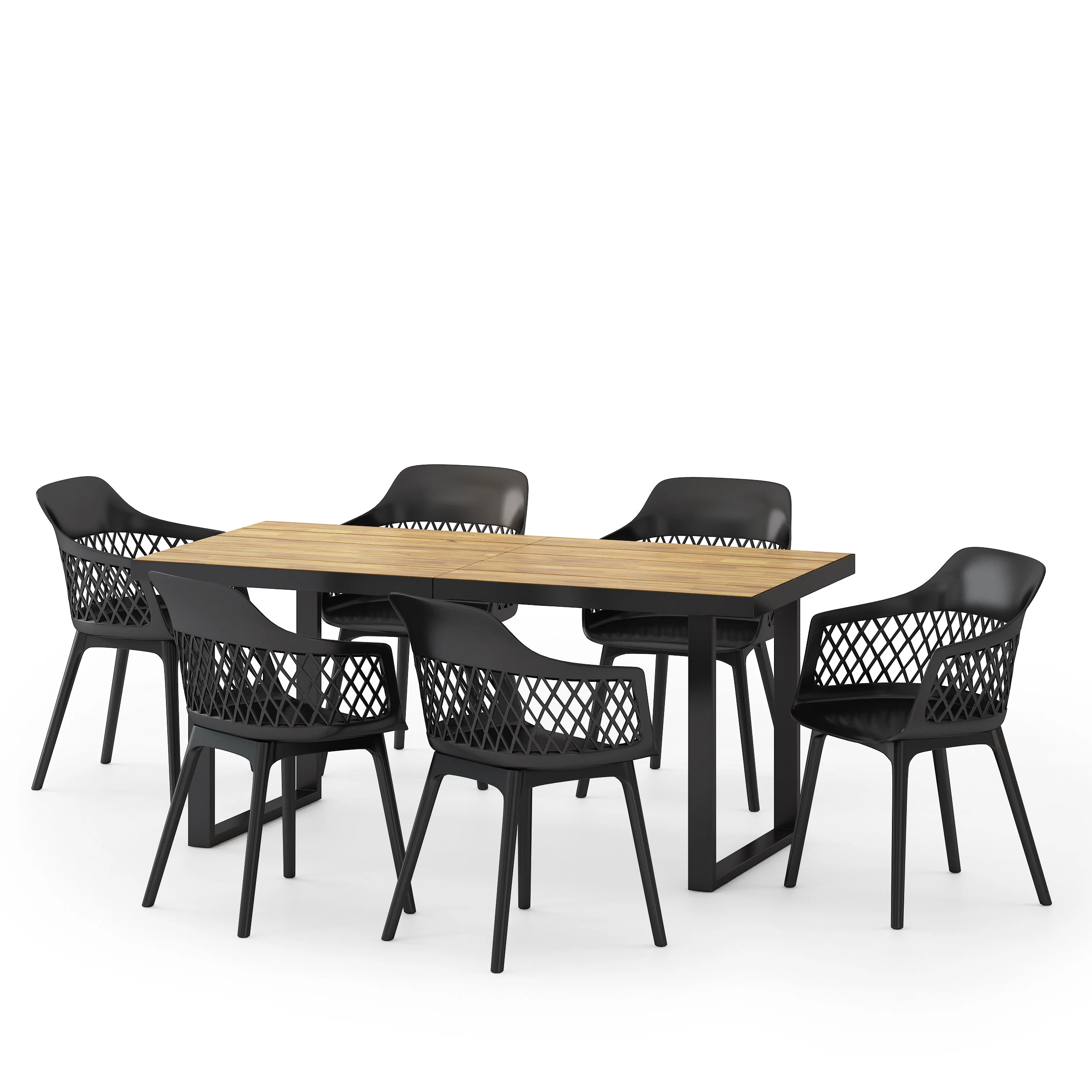 Roma Outdoor Wood and Resin 7 Piece Dining Set, Black and Teak - furnishings