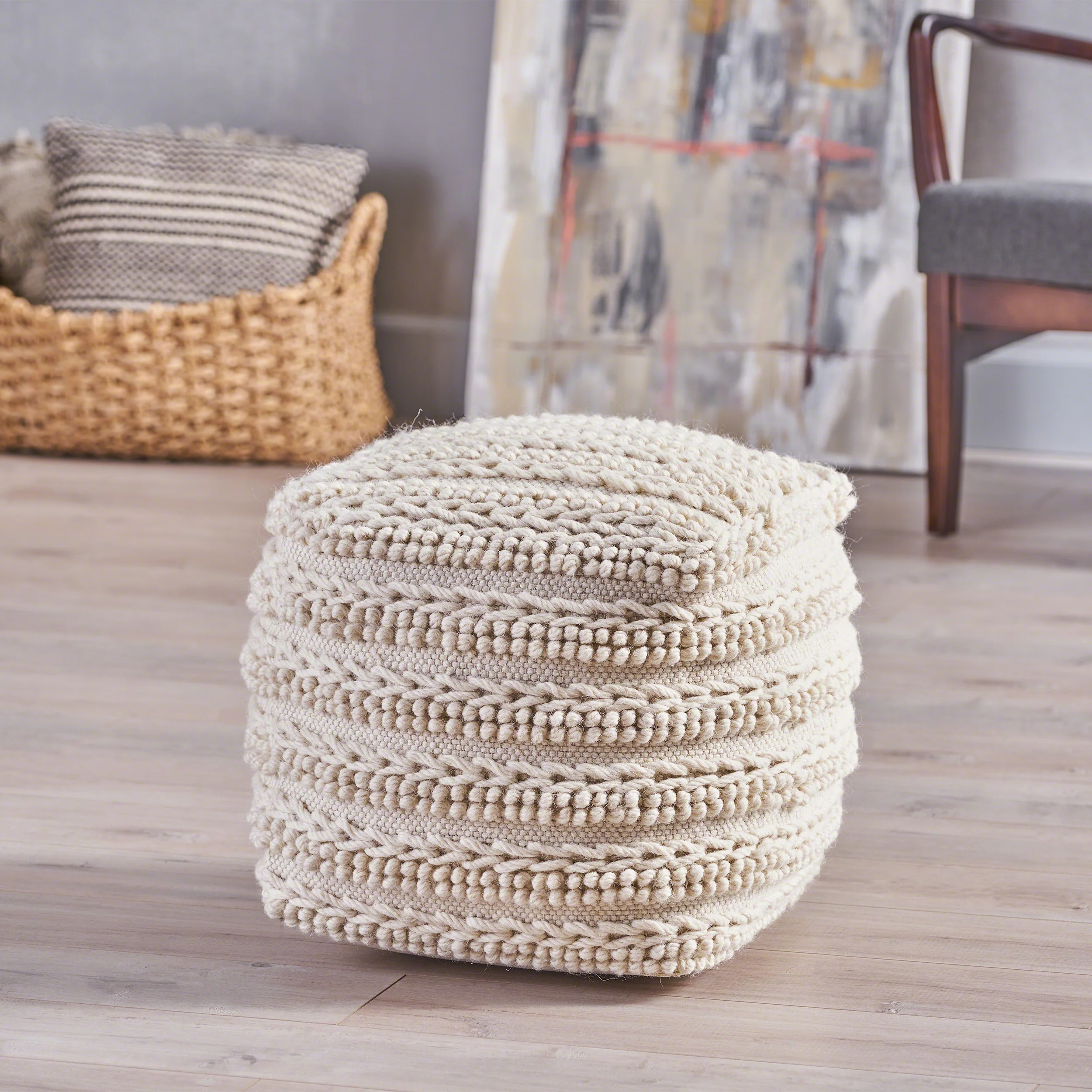 Deke Handcrafted Boho Fabric Cube Pouf - furnishings