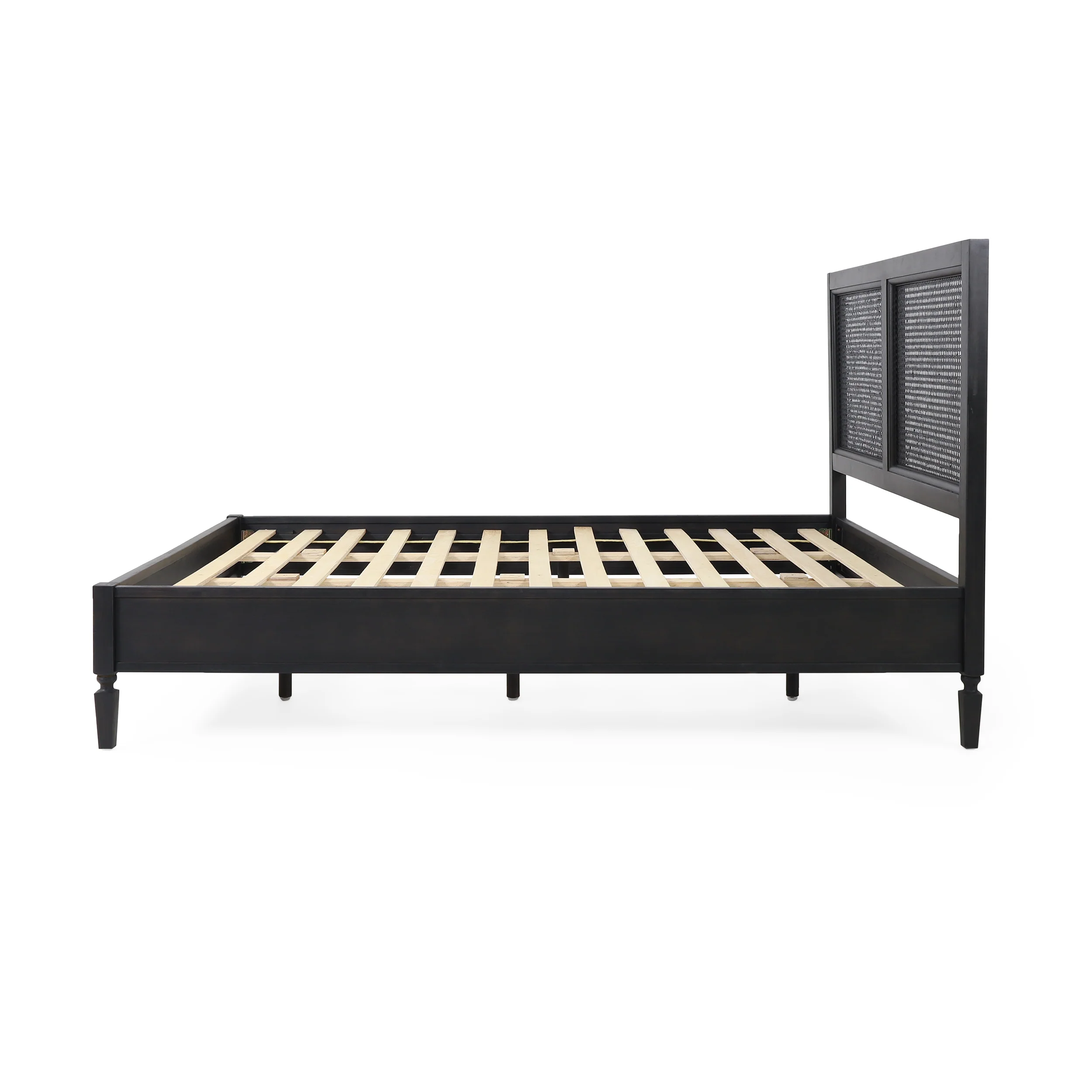 Mathena Rustic Acacia Wood and Rattan Queen Bed, Dark Gray - furnishings