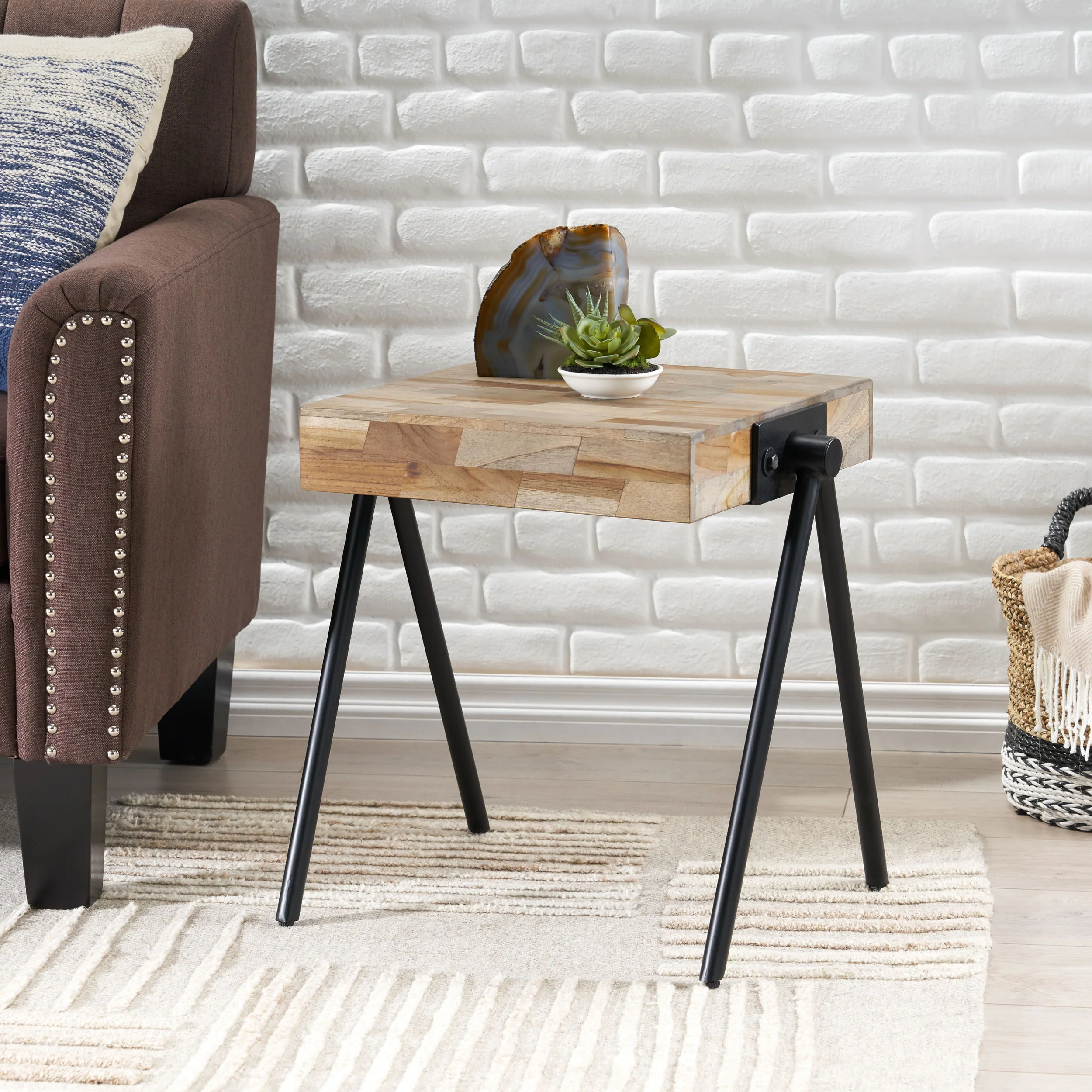 Delliah Handcrafted Modern Industrial Mango Wood Side Table - furnishings