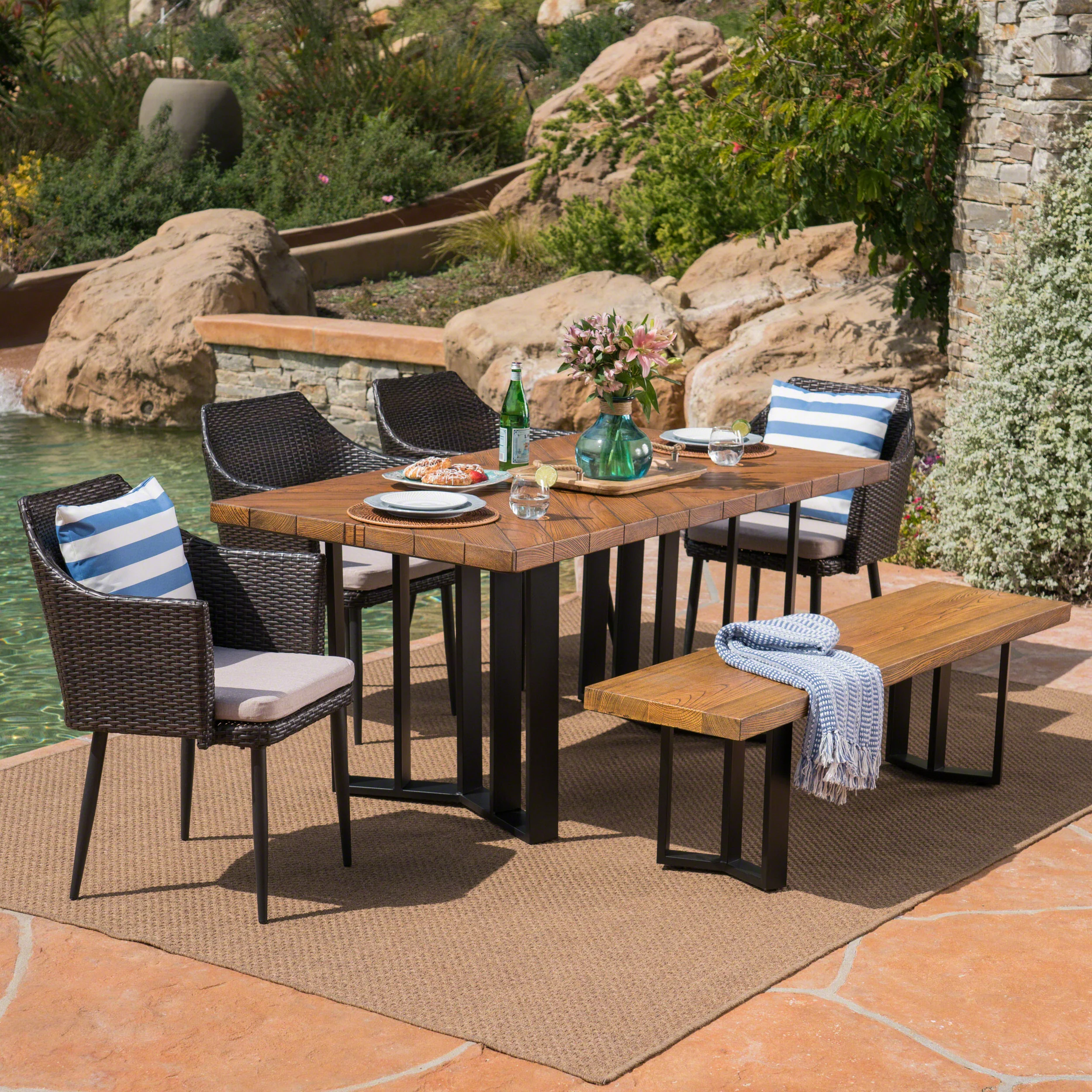 Tammy Outdoor 6 Piece Wicker Dining Set with Concrete Dining Table and Bench - furnishings