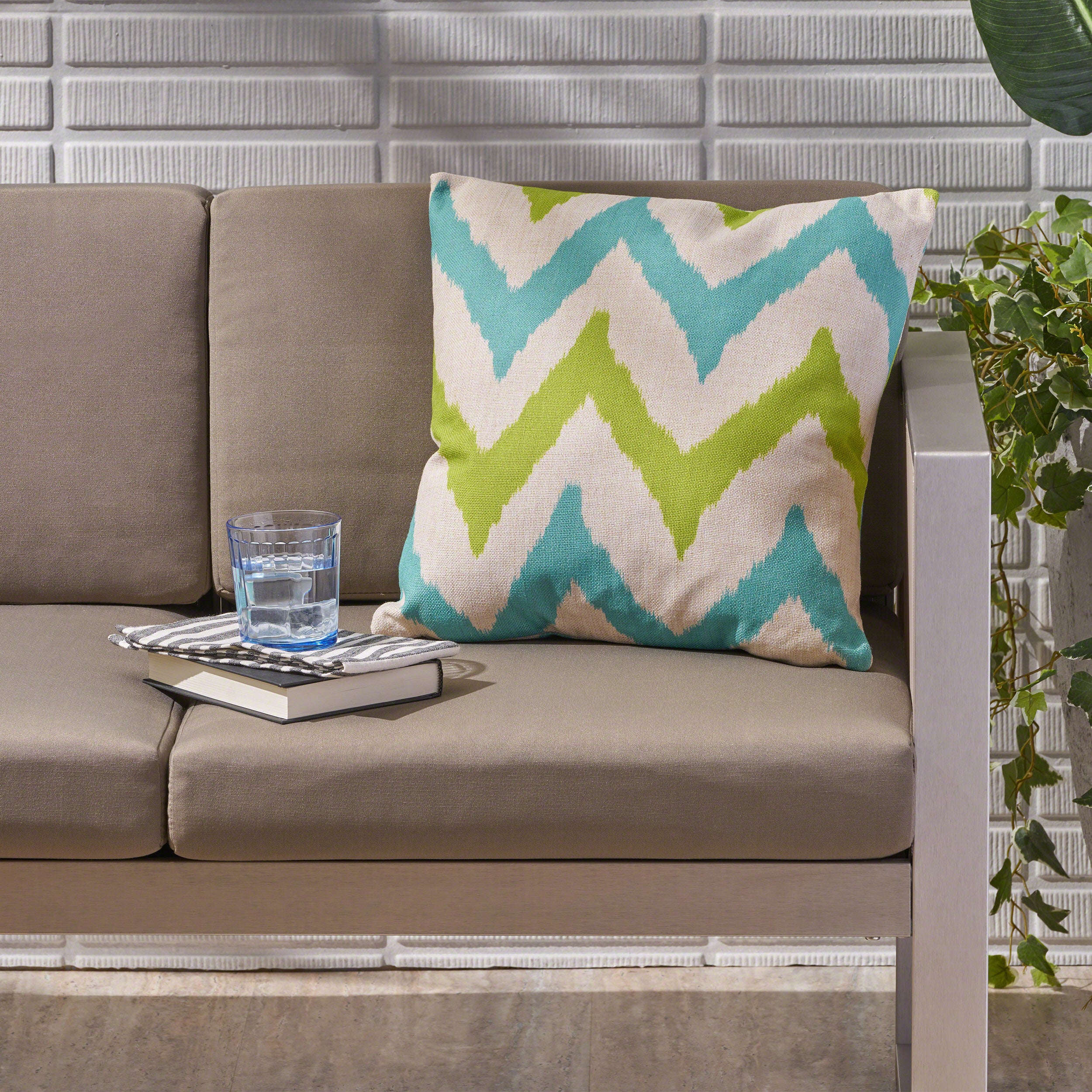 Liz Outdoor Water Resistant 18-inch Square Pillow, Teal / Green Chevron - furnishings