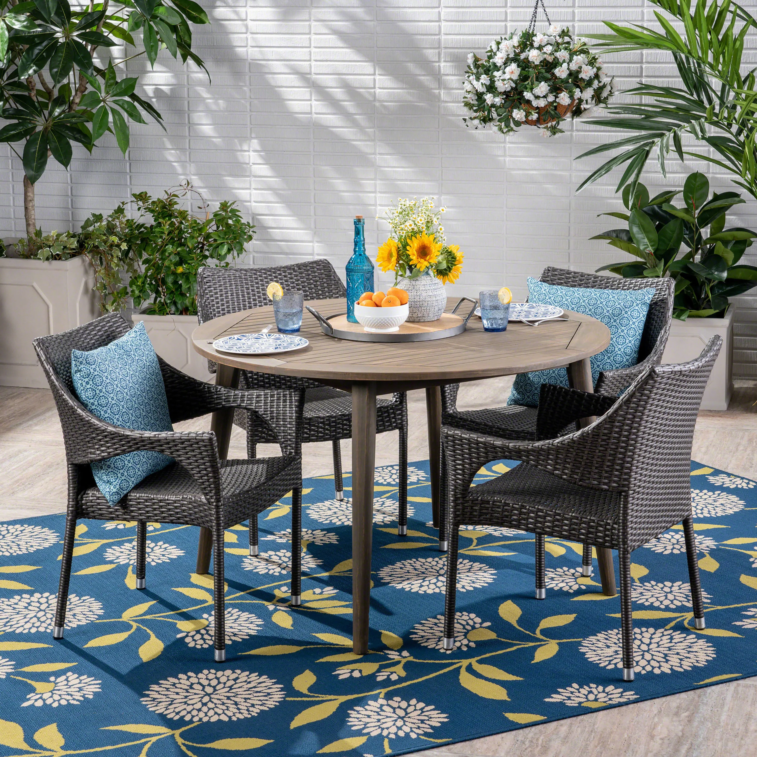 Nix Outdoor 5 Piece Wicker Dining Set with Round Acacia Wood Slat Top Table - furnishings