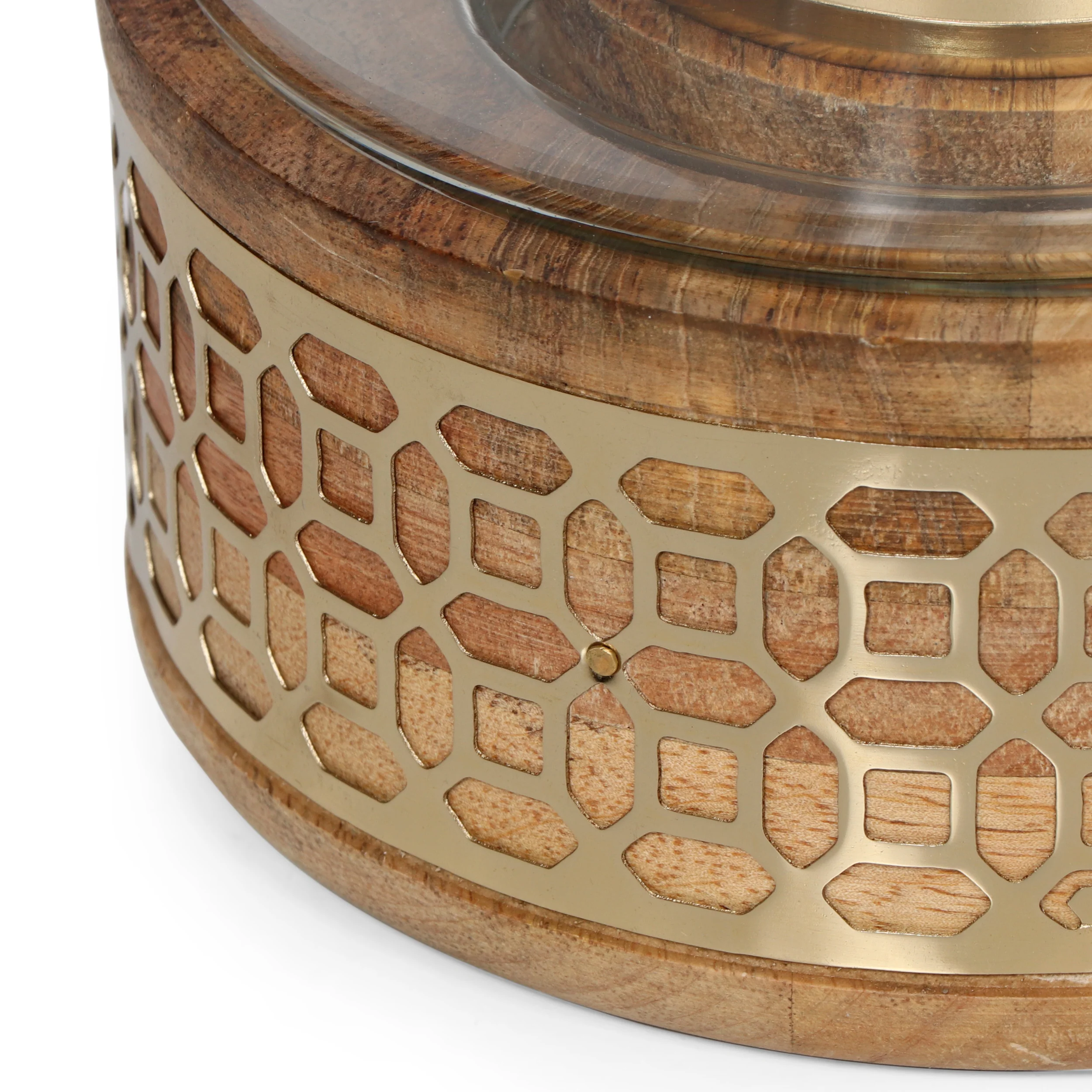 McClellan Boho Handcrafted Mango Wood Hurricane Candle Holder, Natural and Gold - furnishings