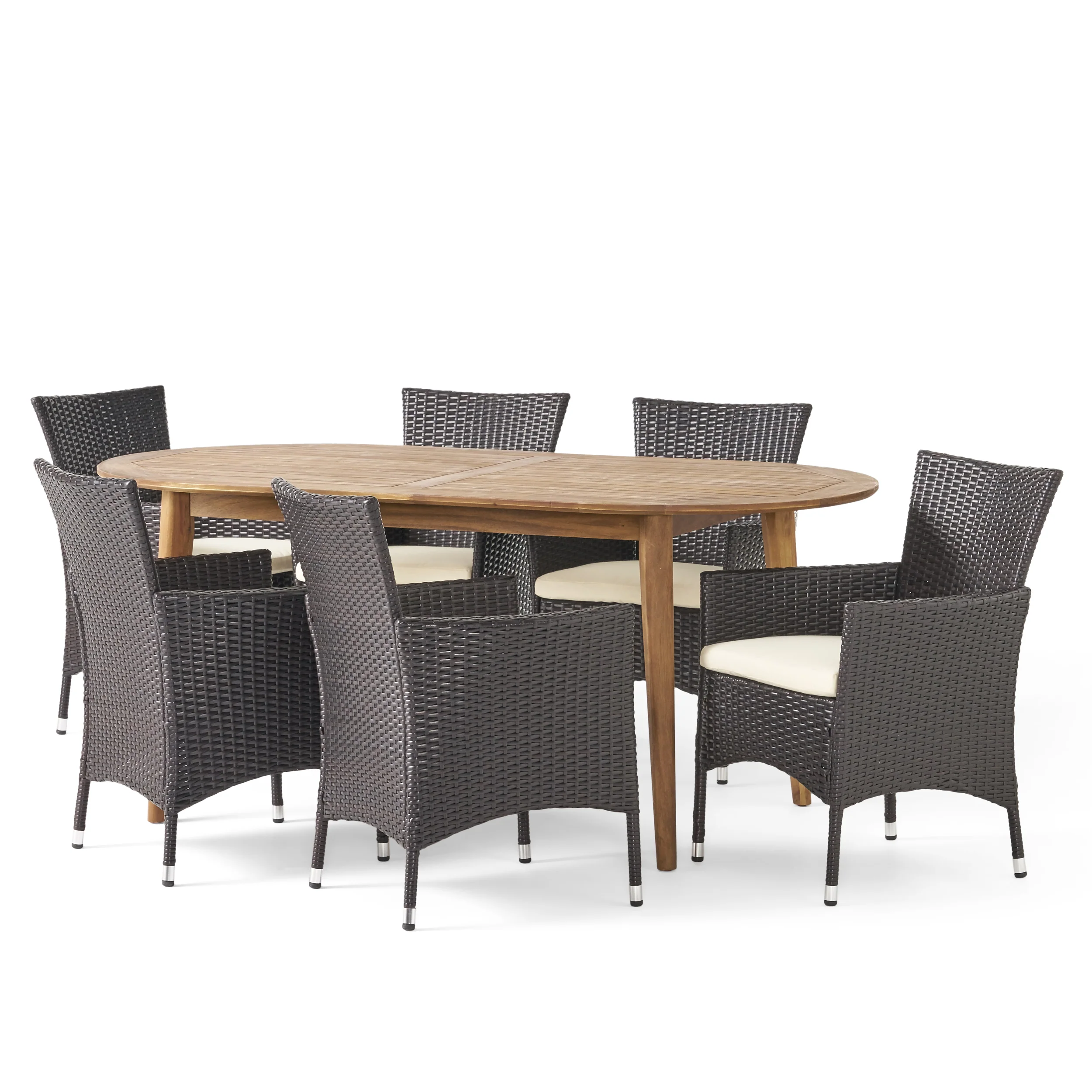Stanford Outdoor 7-Piece Acacia Wood Dining Set with Wicker Chairs and Cushions - furnishings