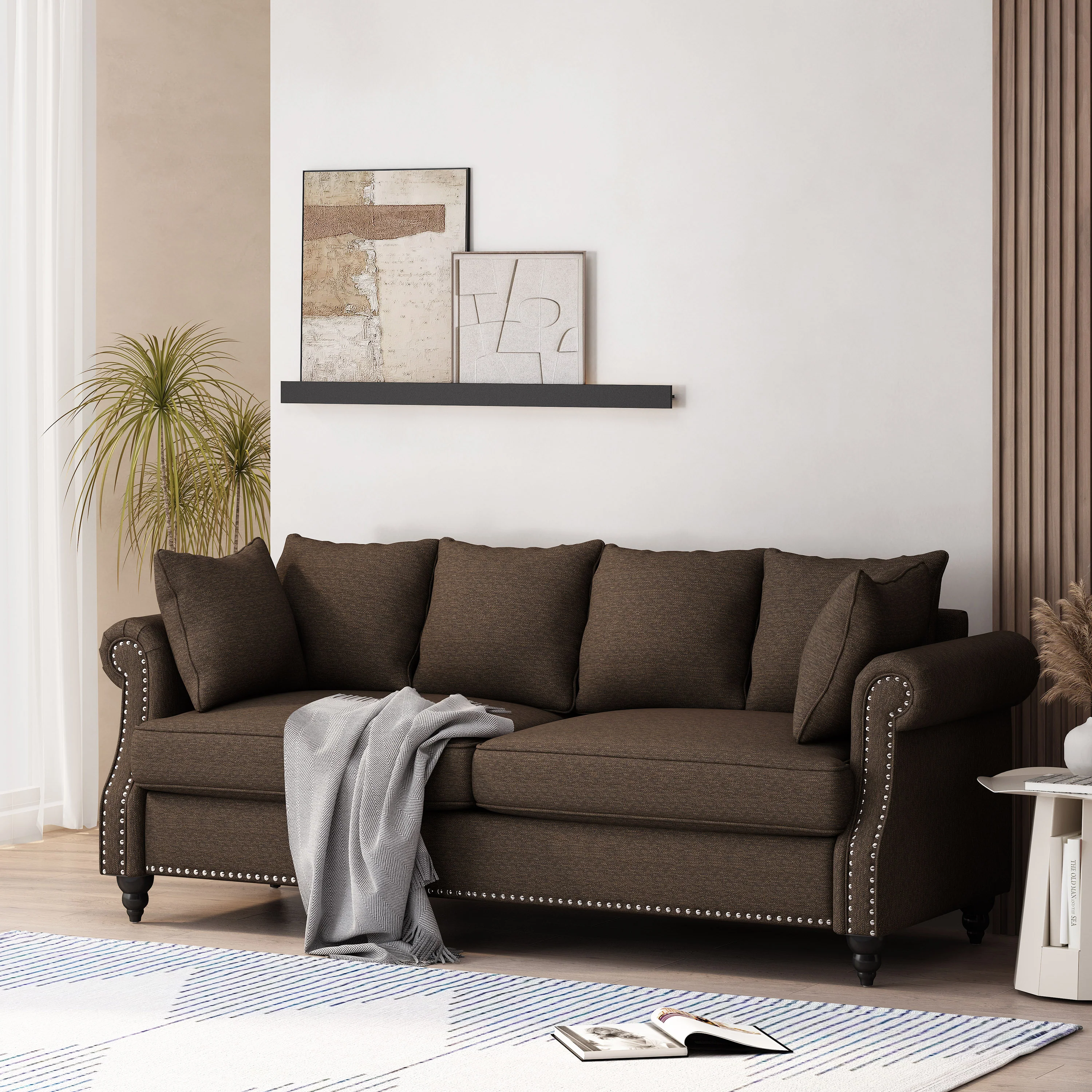 Bonny Contemporary Fabric Pillowback 3 Seater Sofa with Nailhead Trim - furnishings