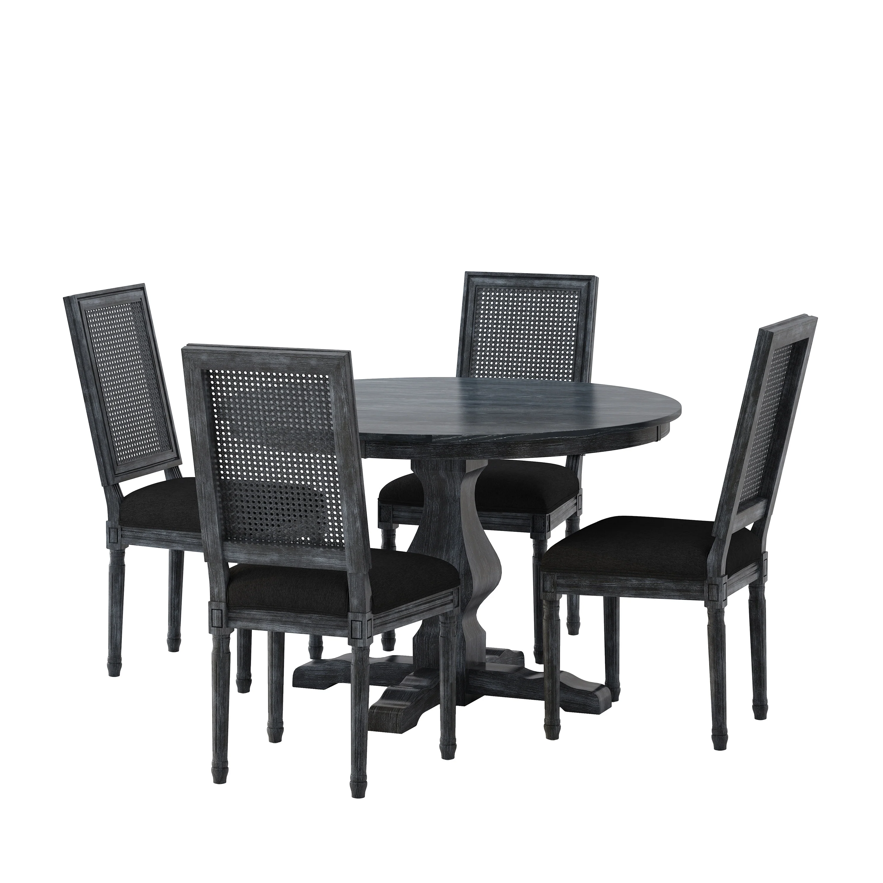 Merlene French Country Fabric Upholstered Wood and Cane 5 Piece Circular Dining Set - furnishings