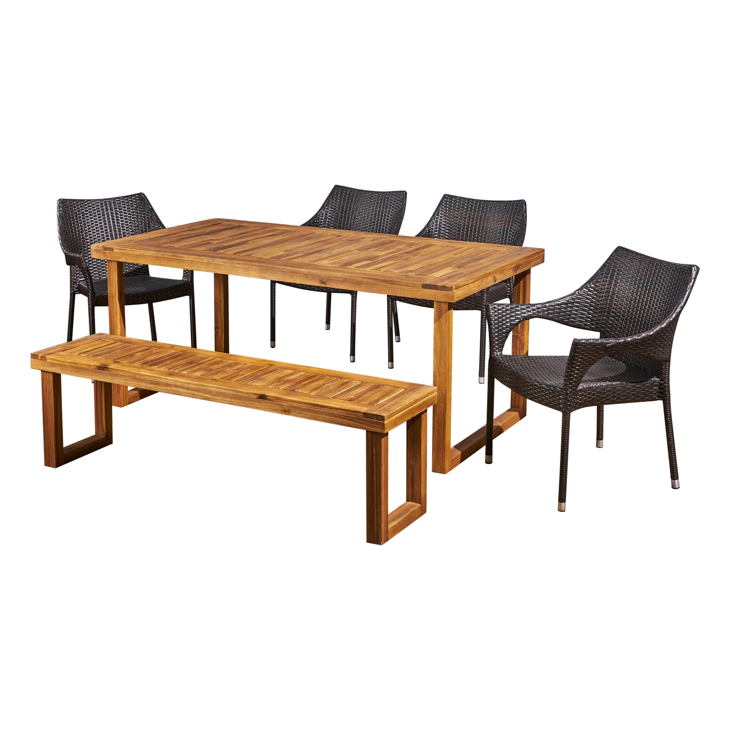 Cason Outdoor 6-Seater Wood and Wicker Chair and Bench Dining Set - furnishings