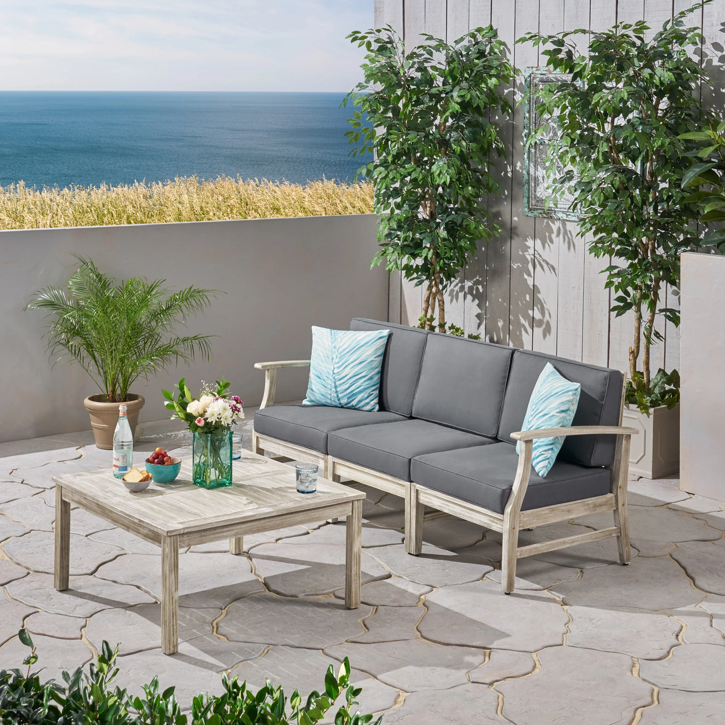 Lorelei Outdoor 4 Piece Acacia Wood Sofa and Coffee Table Set - furnishings
