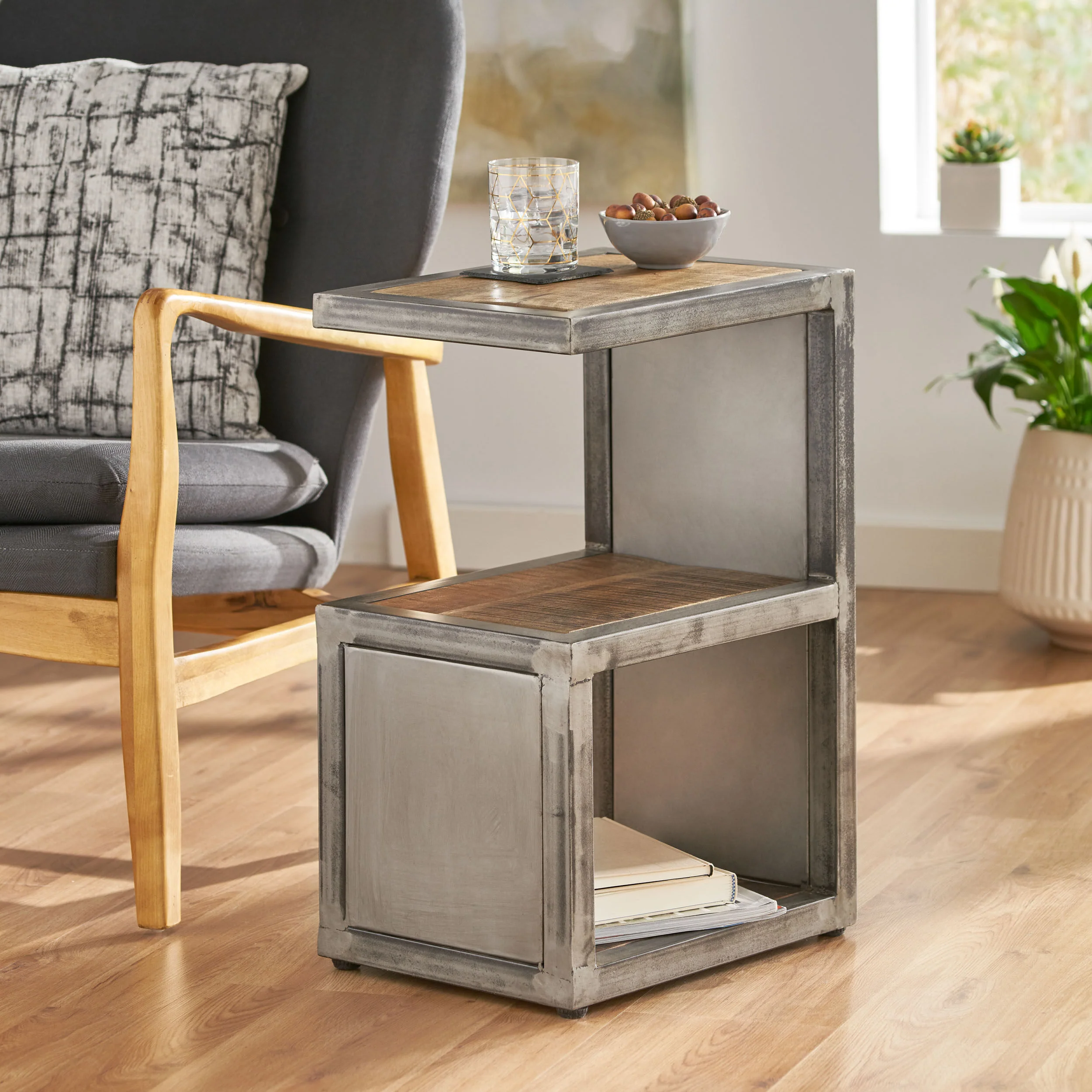 Clary Modern Industrial Handcrafted Mango Wood Side Table, Natural and Gray - furnishings