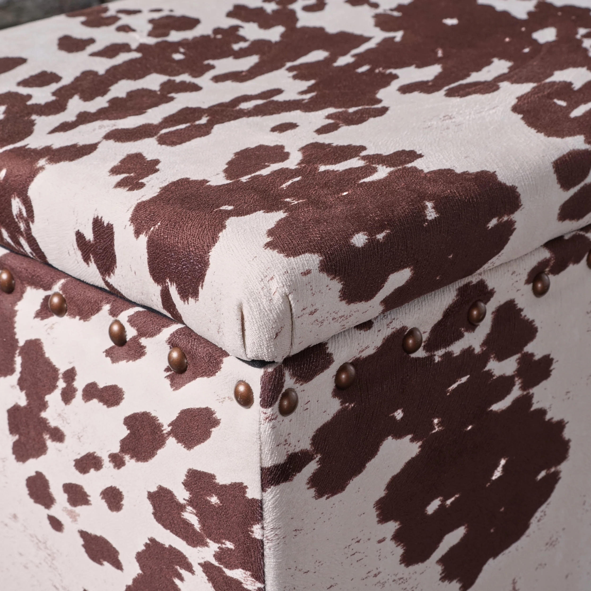 Tatiana Contemporary Velvet Storage Ottoman with Nailhead Trim, Milk Cow Pattern and Dark Brown - furnishings