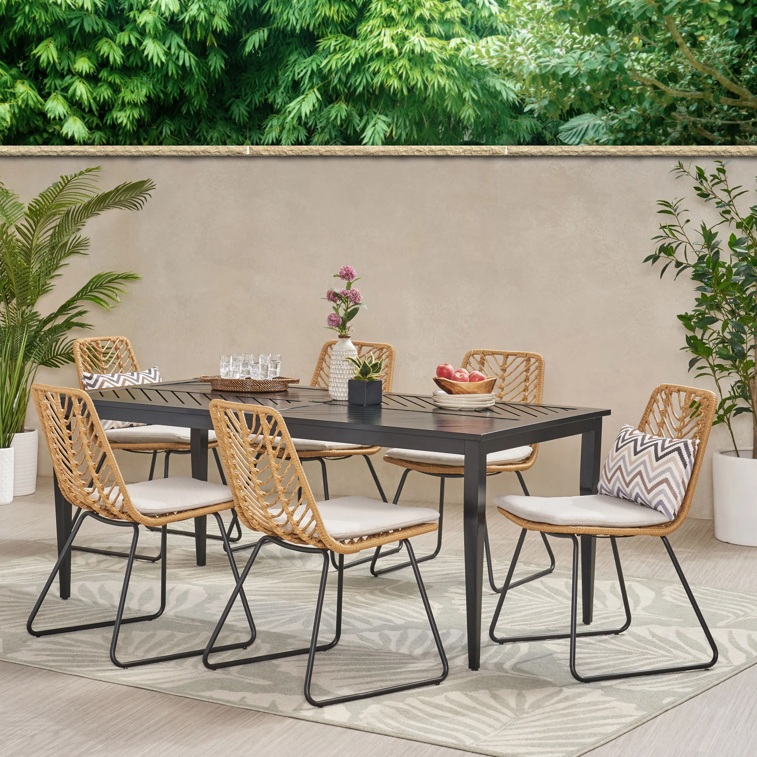 Azlee Berrien Outdoor 7 Piece Dining Set with Wicker Seating - furnishings