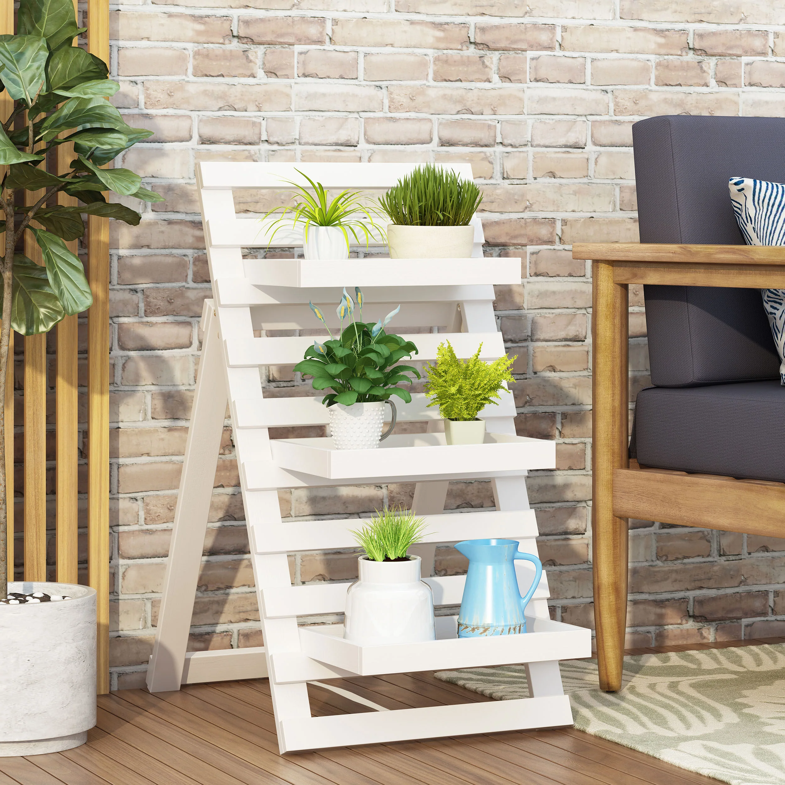 Elina Outdoor Firwood 3 Tiered Plant Stand - furnishings