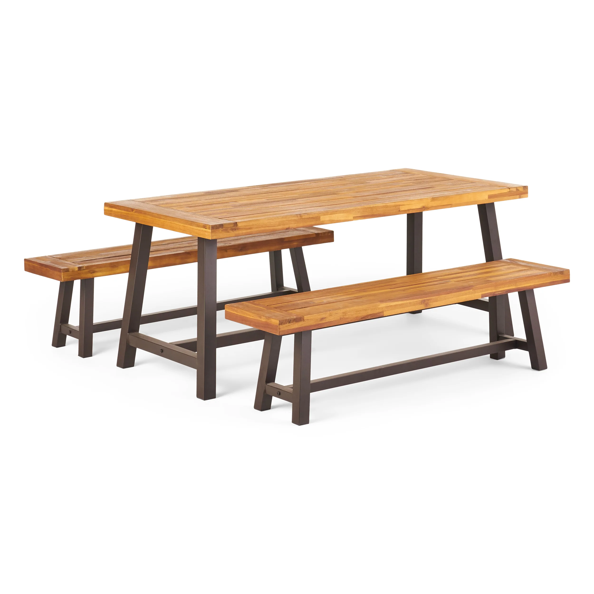 Bowman Outdoor Modern Industrial 3 Piece Acacia Wood Picnic Dining Set with Benches, Sandblasted Teak - furnishings